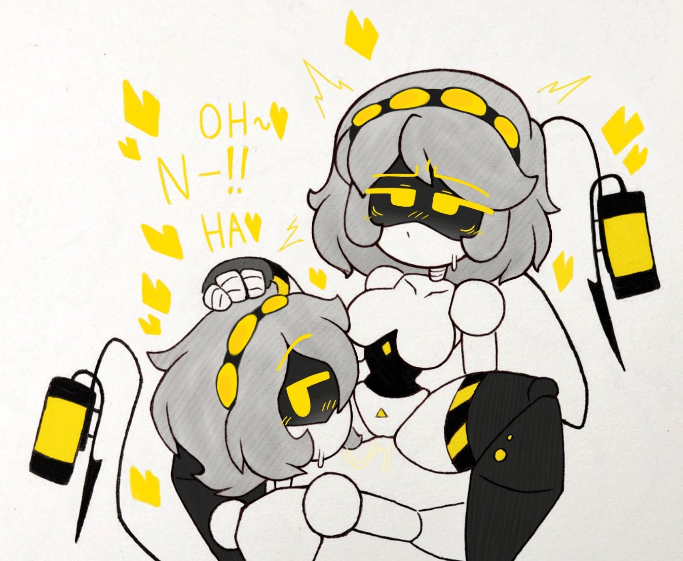 1boy, 1girls, b5kbao7oagzbnlf (artist), cunnilingus, disassembly drone, envy (murder drones), female, glitch productions, male, murder drones, n (murder drones), nude, nude female, robot, robot boy, robot girl, robot humanoid, spread legs, straight, v (murder drones), white body