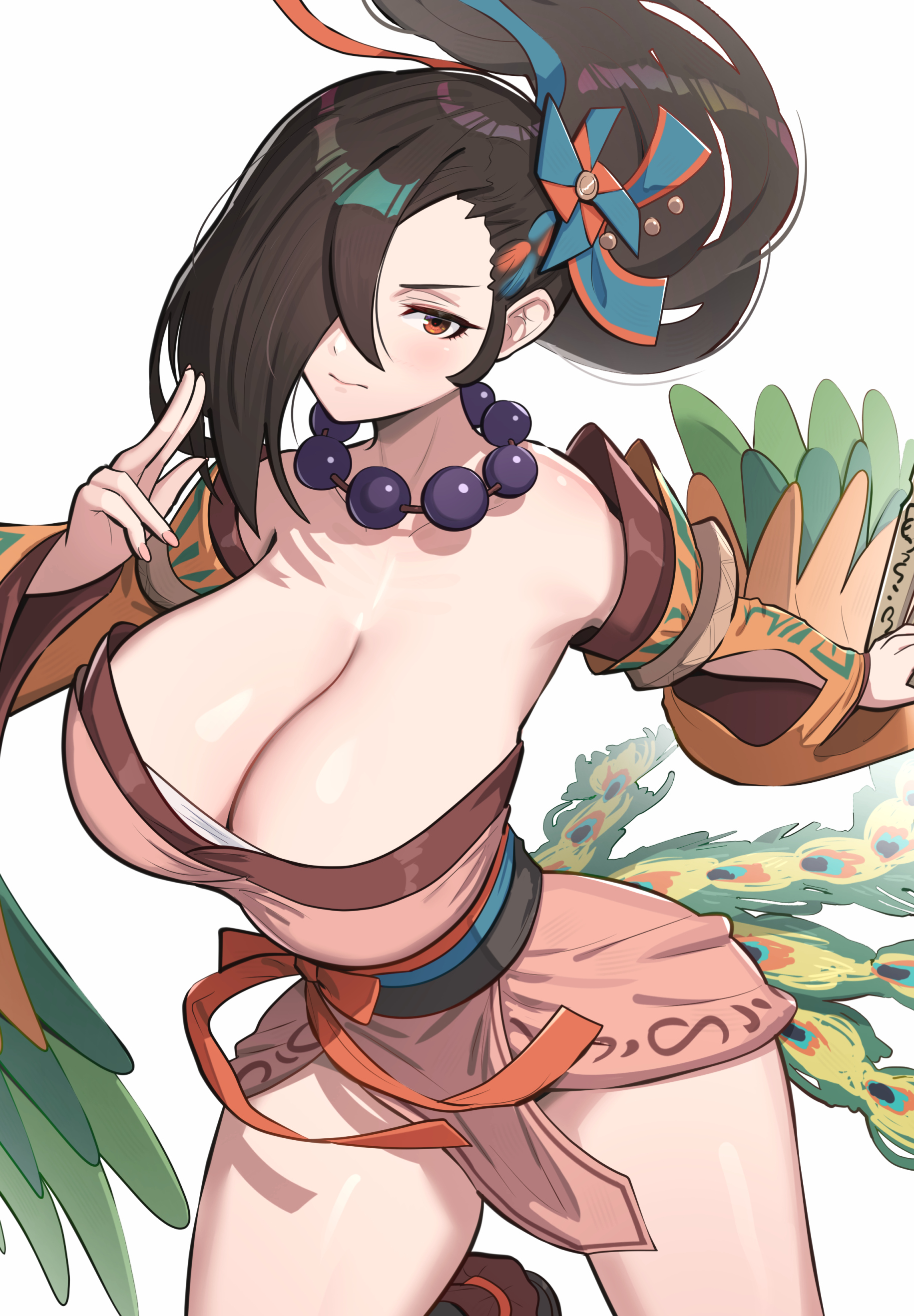 1girls, absurdres, alternate costume, bare shoulders, bead necklace, beads, blush, bouncing breasts, breasts, brown eyes, brown hair, cleavage, cowboy shot, detached sleeves, fake tail, fake wings, female, female only, fire emblem, fire emblem fates, fire emblem heroes, gonzarez, hair ornament, hair over one eye, hand up, highres, japanese clothes, jewelry, kagero (fire emblem), large breasts, long hair, looking at viewer, mature female, necklace, ninja, nintendo, official alternate costume, pelvic curtain, ponytail, solo, tail, white background, wings