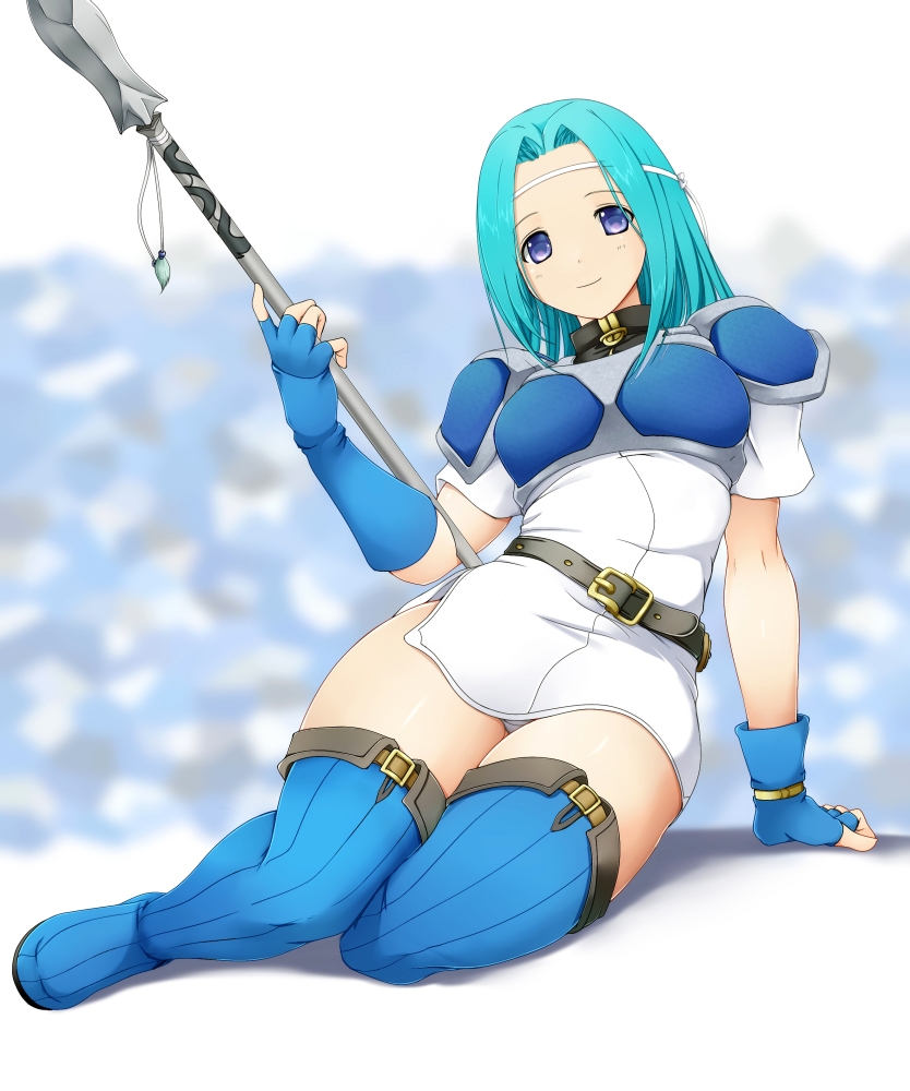 1girls armor ashita_yaru asymmetrical_gloves bare_thighs belt belt_buckle black_belt blue_armor blue_gloves blue_hair blue_thighhighs boots breastplate buckle closed_mouth curtained_hair dress female female_only fingerless_gloves fiora_(fire_emblem) fire_emblem fire_emblem:_the_blazing_blade gloves hair_intakes headband holding holding_polearm holding_weapon light_blue_hair medium_hair nintendo panties pantyshot pegasus_knight_uniform_(fire_emblem) polearm purple_eyes short_dress short_sleeves shoulder_armor smile solo spear thick_thighs thigh_boots thighhighs thighs underwear uneven_gloves upskirt weapon white_dress white_headband white_panties