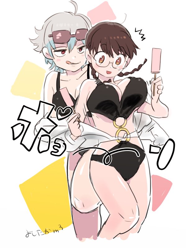 2girls accidental_exposure assisted_exposure big_breasts black_swimsuit bouncing_breasts braided_hair breasts_out brown_eyes brown_hair canon_genderswap female female_only genderswap_(mtf) ginko_sakata gintama gintoki_sakata glasses groping_breasts popsicle rule_63 shimura_shinpachi short_hair smile sunglasses sunglasses_on_head surprised sweatdrop swimsuit twin_braids very_short_hair white_hair ystklog_mmm yuri