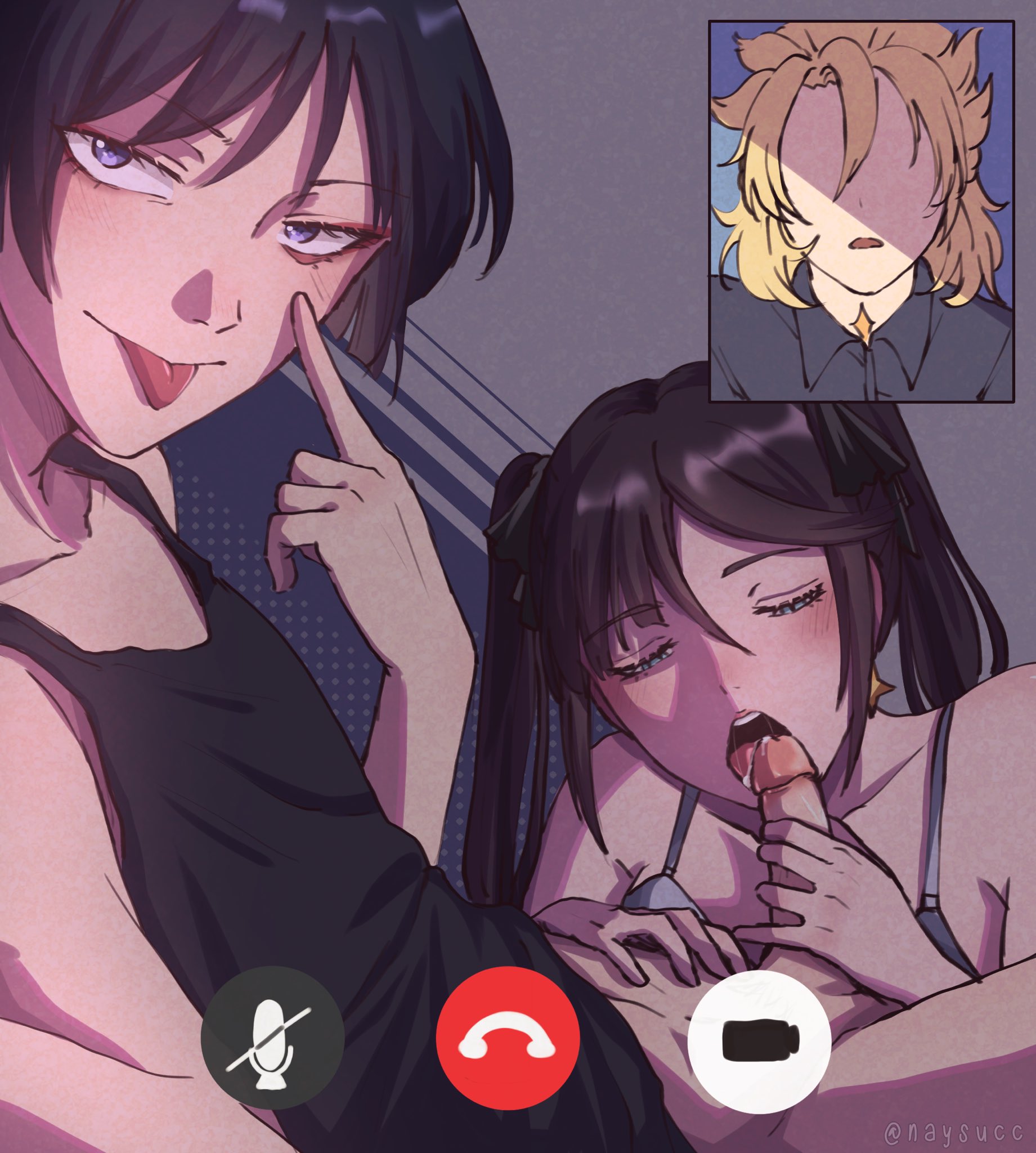 1girls, albedo (genshin impact), blowjob, bra, cucked, cuckold, cum, erection, female, genshin impact, licking penis, looking at viewer, male, mona (genshin impact), naysucc, penis, phone, phone screen, recording, scaramouche (genshin impact), tongue, tongue out, twintails, uncensored, video call