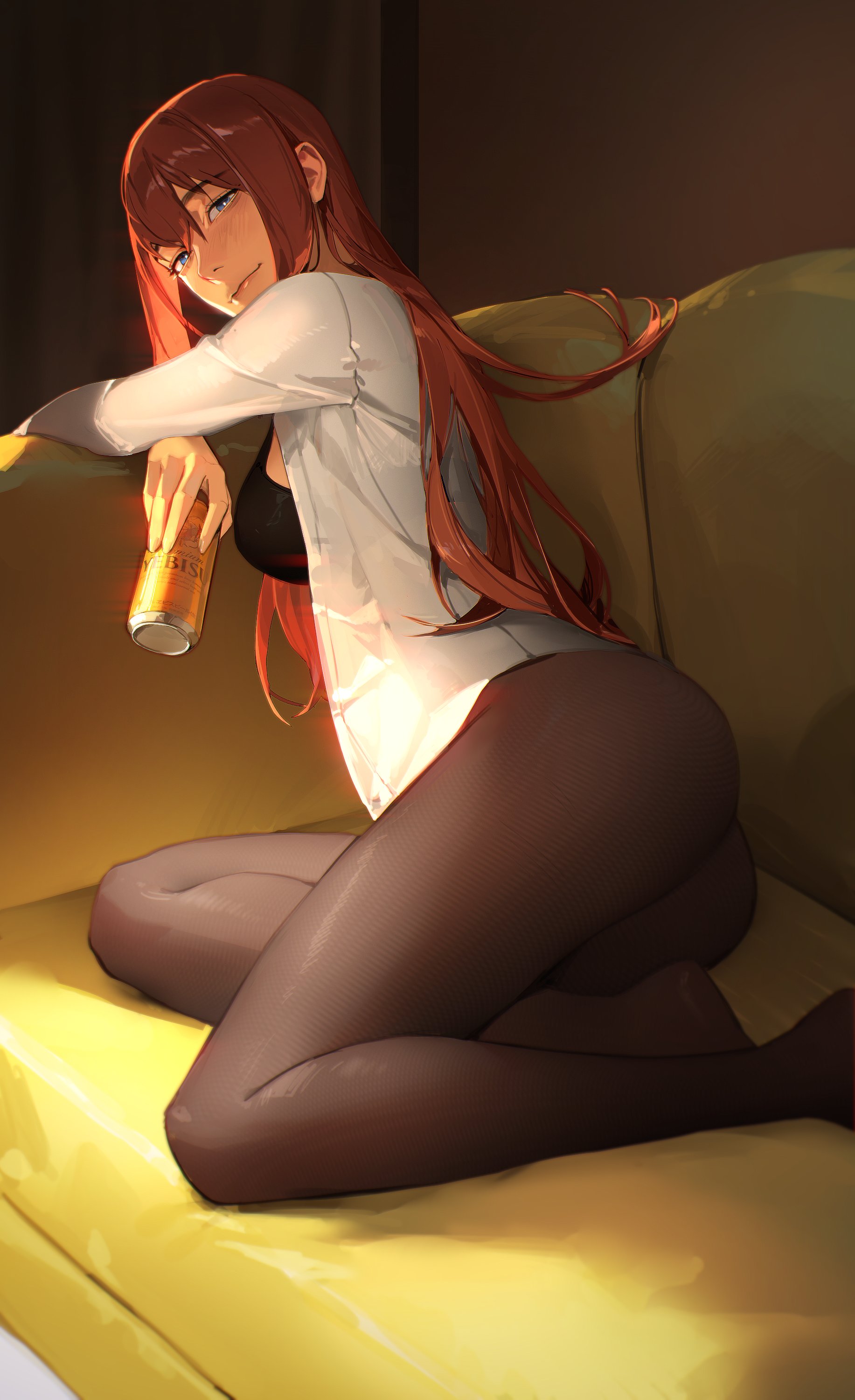 1girls, 2023, 2d, 2d (artwork), alcohol, ass, beer, beer can, big ass, big breasts, bra, breasts, couch, female, female only, human, human only, limart, long hair, looking at viewer, makise kurisu, no sex, questionable, red hair, sideboob, solo, solo female, steins;gate, stockings, teenage female, teenager, thick thighs, thighs