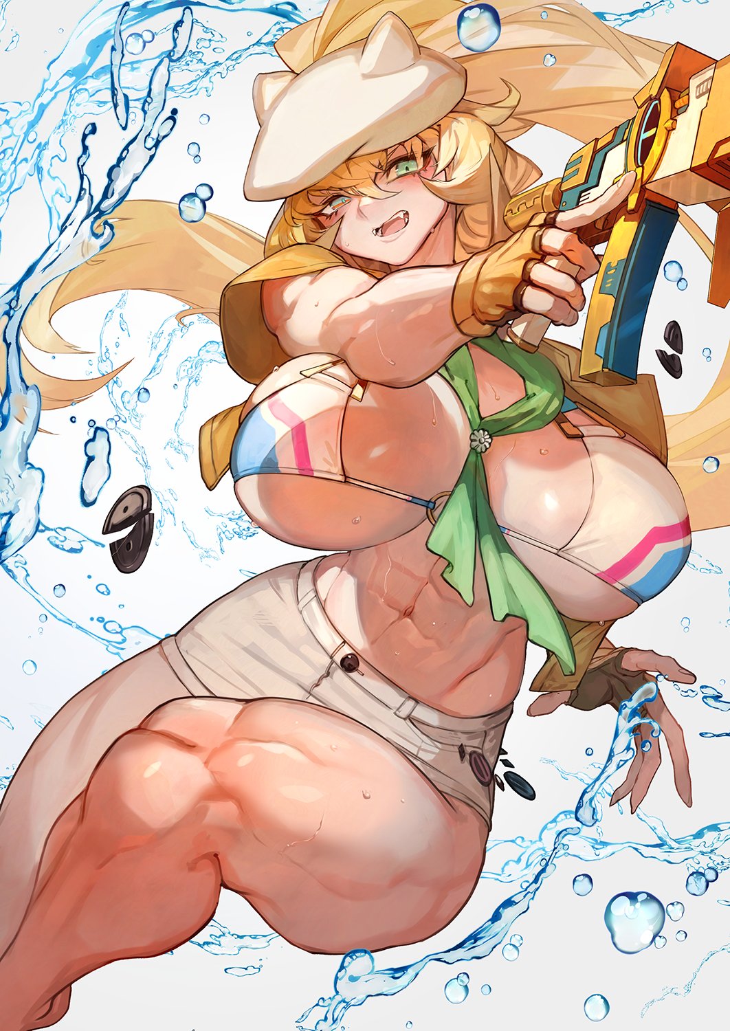 1girls, 2023, 2d, 2d (artwork), abs, barghest (gawain) (fate), barghest (swimsuit archer) (first ascension) (fate), bikini, blonde hair, blue eye, blush, booty shorts, covered nipples, fate (series), fate/grand order, female, female focus, female only, fingerless gloves, gloves, green eyes, gun, hat, heterochromia, hi res, highres, holding gun, lackism, light skin, light-skinned female, long hair, midriff, muscular, muscular female, navel, sharp teeth, solo, solo female, solo focus, tomboy