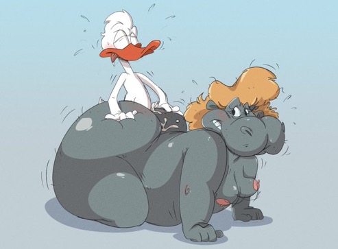 airplane_jane all_fours anatid anseriform anthro ass avian bird blonde_hair bodily_fluids breasts butt_grab closed_eyes common_hippopotamus crossover cum disney duck ducktales duo female fenton_crackshell from_behind_position genital_fluids hair hand_on_butt hippopotamid jodero low_res male male/female mammal sex size_difference talespin tongue tongue_out