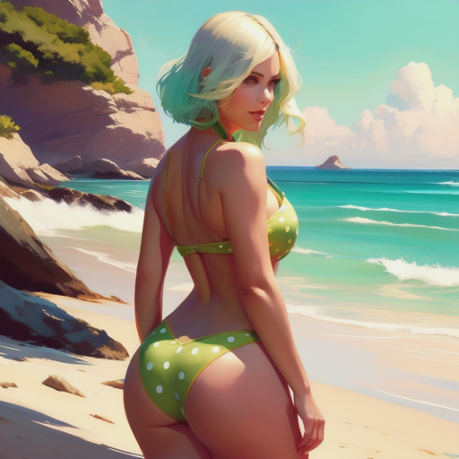 ai_generated beach green_hair hornyguyfr_(not_a_real_artist) looking_at_viewer polka_dot_bikini