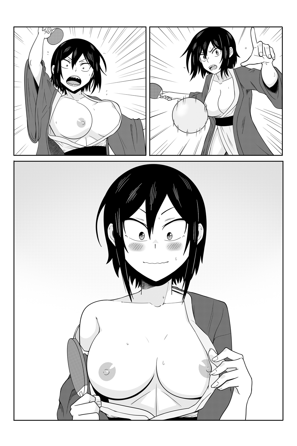 1girls abs action_lines action_pose big_breasts black_hair curvy embarrassed exposed_breasts exposed_nipples female female_focus female_only hitomi-chan_is_shy_with_strangers hitomi-chan_wa_hitomishiri hitomi_takano kimono manga manga_style monochrome nip_slip nipple_slip nipples ping_pong robe sharp_teeth solo_female sports szmitten table_tennis tomboy voluptuous