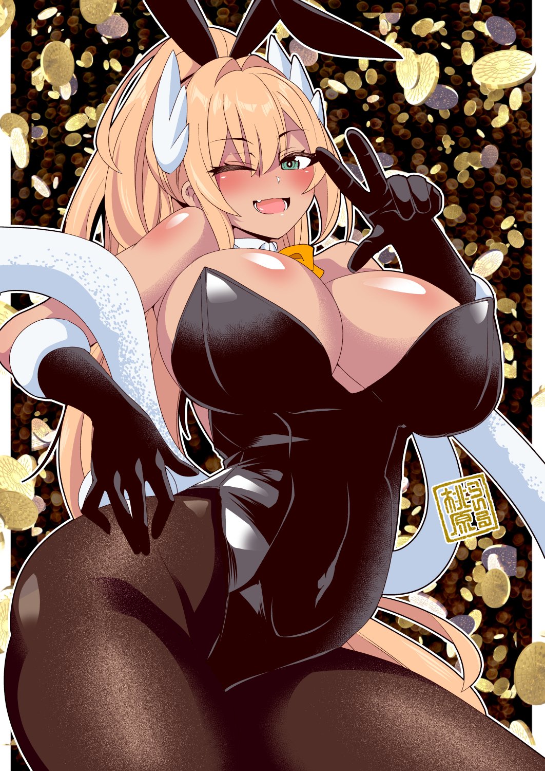 1girls 2023 2d 2d_(artwork) big_breasts big_thighs blonde_hair breasts bunny_costume bunny_ears bunny_girl bunnysuit cleavage covered_nipples female female_focus female_only goddess_of_victory:_nikke green_eyes hi_res highres hips huge_breasts large_breasts large_thighs light-skinned_female light_skin long_haur looking_at_viewer momohara_rile open_mouth peace_sign rupee_(nikke) rupee_(rabbit_deluxe)_(nikke) solo solo_female solo_focus thick_thighs thighs tongue wide_hips wink winking winking_at_viewer