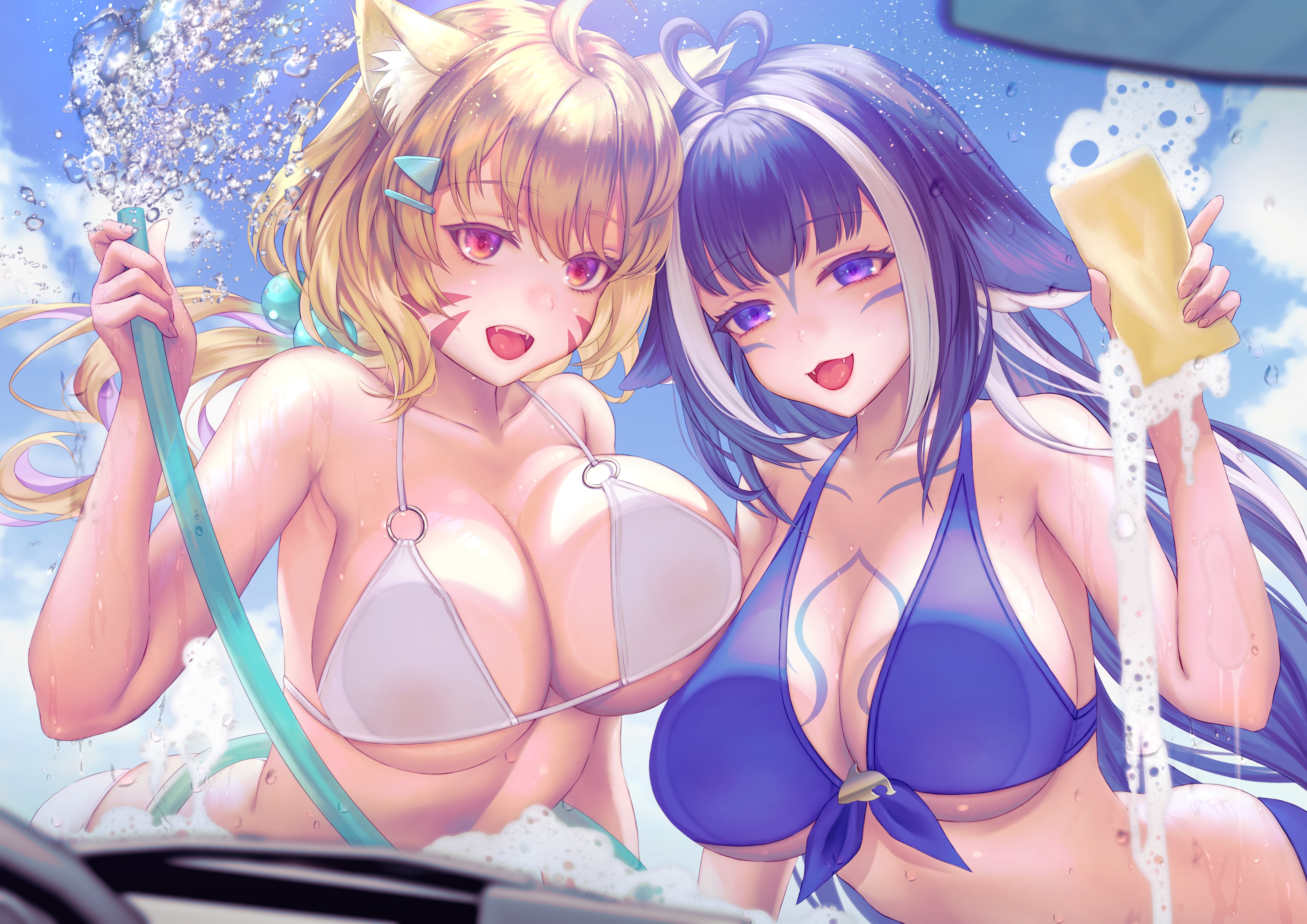 :d, 2girls, ahoge, animal ear fluff, animal ears, antenna hair, bangs, big breasts, bikini, bikini top, blonde hair, blue bikini, blue hair, blurry, blurry background, blurry foreground, breast press, breasts, car wash, cat ears, cat girl, cat tail, catgirl, cleavage, collarbone, day, depth of field, eyebrows visible through hair, face markings, fang, female, food, hair ornament, hairclip, holding, huge breasts, indie virtual youtuber, large breasts, long hair, looking at viewer, megumi (piyo7piyo9), multicolored hair, multiple females, multiple girls, o-ring, o-ring bikini, o-ring top, open mouth, orca girl, outdoors, purple eyes, red eyes, short hair, shylily, smile, sponge, squchan (vtuber), striped, swimsuit, tail, tongue, underboob, very long hair, virtual youtuber, vtuber, vyugen, water, white bikini