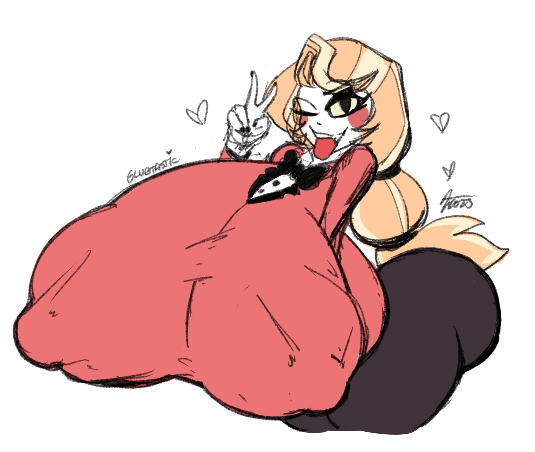 1girls, ass, big ass, big breasts, breasts, breasts bigger than head, charlie morningstar (hazbin hotel), clothed, demon, demon girl, female, female only, glubtastic, hazbin hotel, huge ass, huge breasts, hyper breasts, long hair, massive breasts, nipples visible through clothing, no bra, peace sign, tongue, tongue out