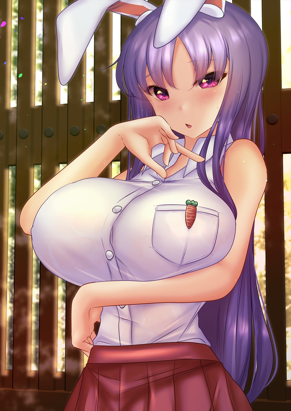 1girls arm_under_breasts breasts breasts_bigger_than_head bunny_ears bunny_girl buttons collared_shirt female female_focus heart-shaped_pupils huge_breasts long_hair looking_at_viewer massive_breasts open_mouth pink_eyes purple_hair red_eyes red_skirt reisen_udongein_inaba shounen_(hogehoge) sleeveless sleeveless_shirt solo touhou white_shirt