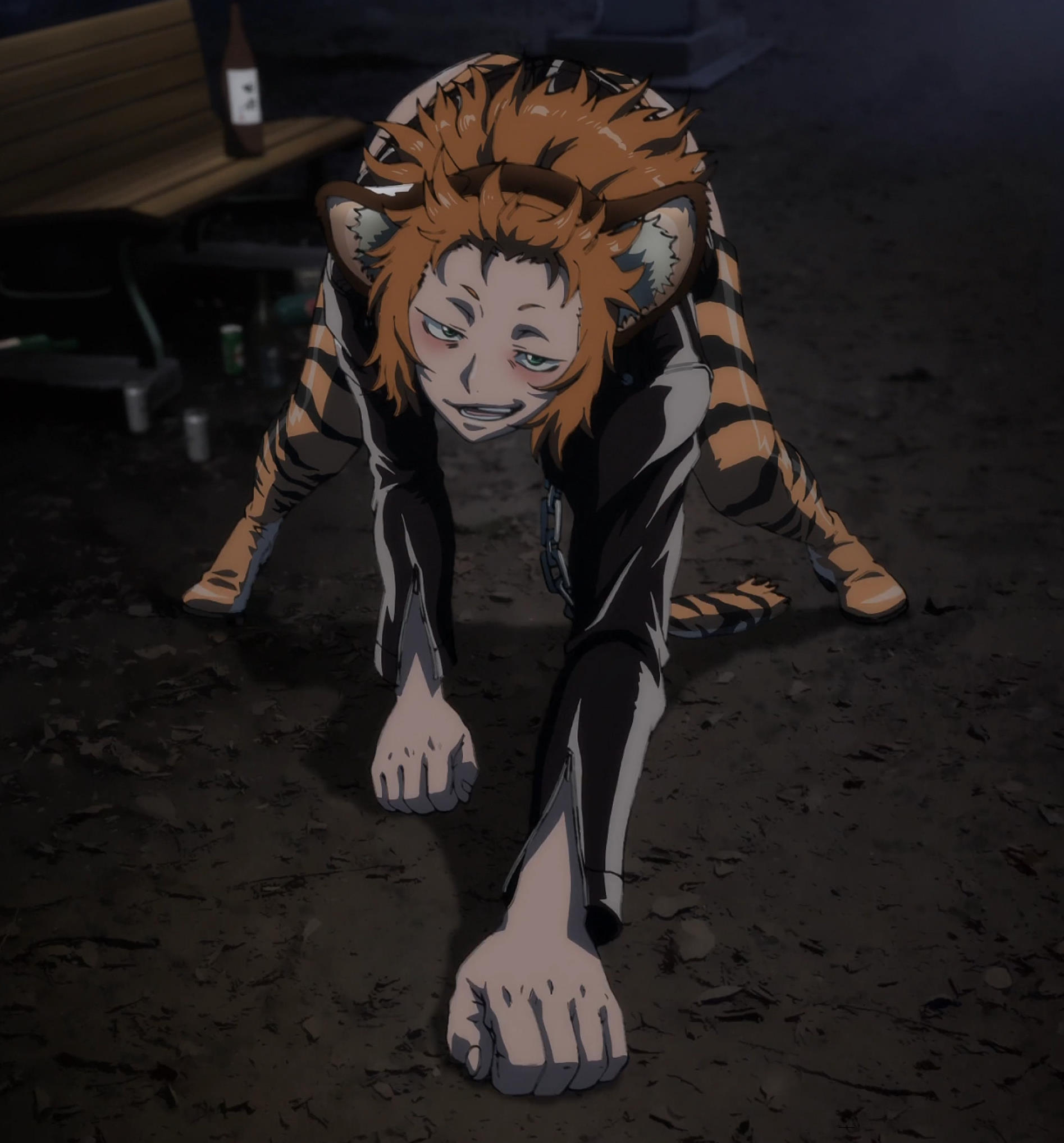 1girls, 2d, aira kanae, alcohol, all fours, animal ears, anime, anime style, ass, ass up, background, bedroom eyes, beer, bench, blush, cat ears, cat pose, cat tail, clothing, detailed background, dirt, female, female focus, female only, fist, front view, ginger, green eyes, hi res, hips, juuni taisen, leather clothing, long hair, messy hair, monster girl, no nude, non nude, open mouth, open smile, orange eyes, orange hair, park, park bench, screencap, screenshot, smirk, solo, solo female, straight hair, thigh boots, thighhighs, thighs, tiger print, wine