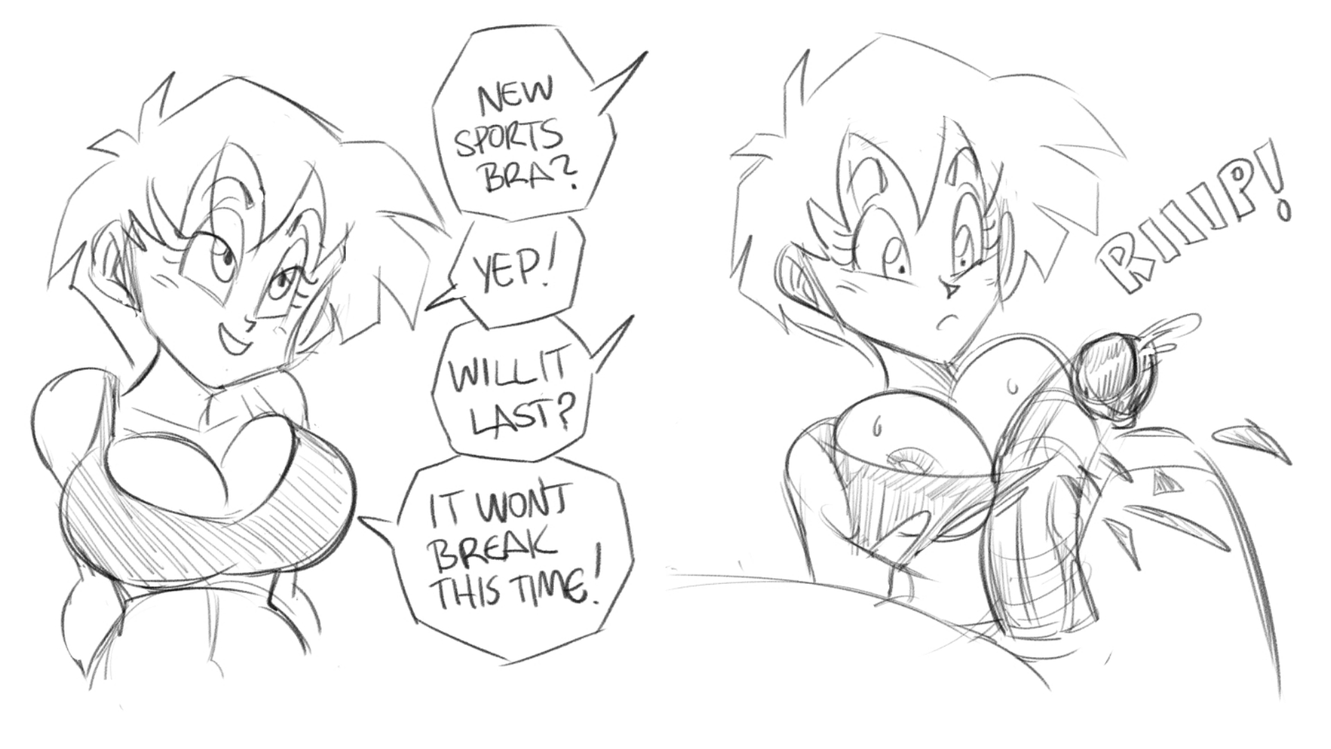 1boy, 1girls, big breasts, big penis, blush, breasts, couple, dragon ball, english text, female, funsexydragonball, male, nipples, penis, ripped clothing, son gohan, speech bubble, spiked hair, sports bra, surprised, tagme, tomboy, videl