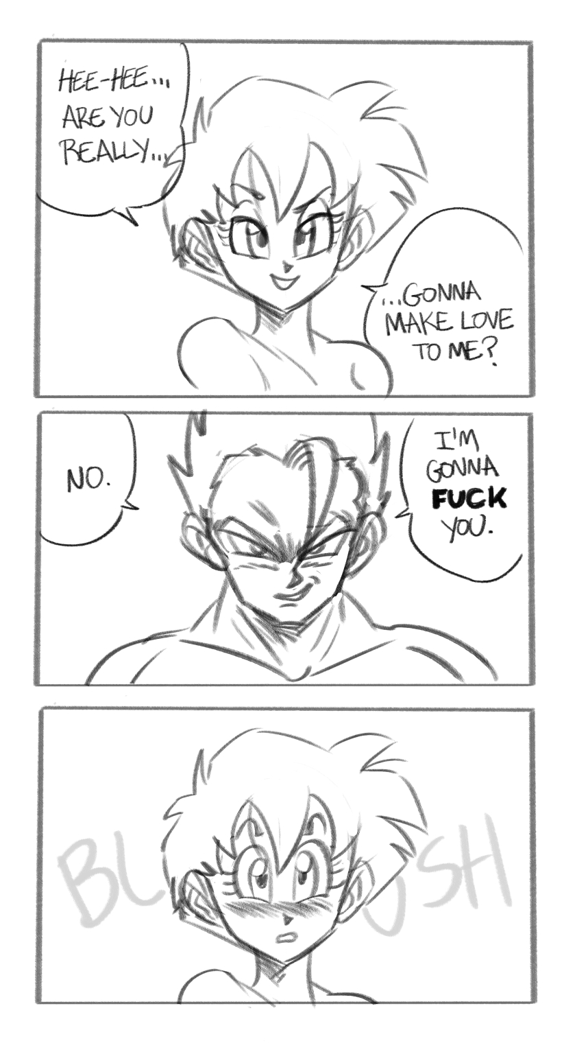 black hair, blush, completely nude, couple, dragon ball, dragon ball z, english text, female, funsexydragonball, male, muscular, muscular male, nervous, nude, scared, serious, sketch, smirk, smirking, son gohan, speech bubble, spiked hair, tagme, tempting, tomboy, videl