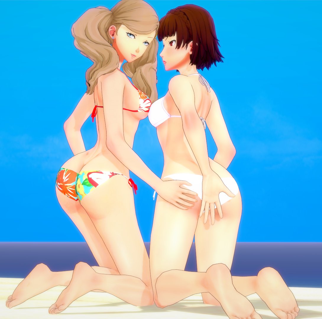 3d accurate_art_style ann_takamaki ass ass_grab beach bikini braulete2 makoto_niijima persona persona_5 swimsuit tagme yuri