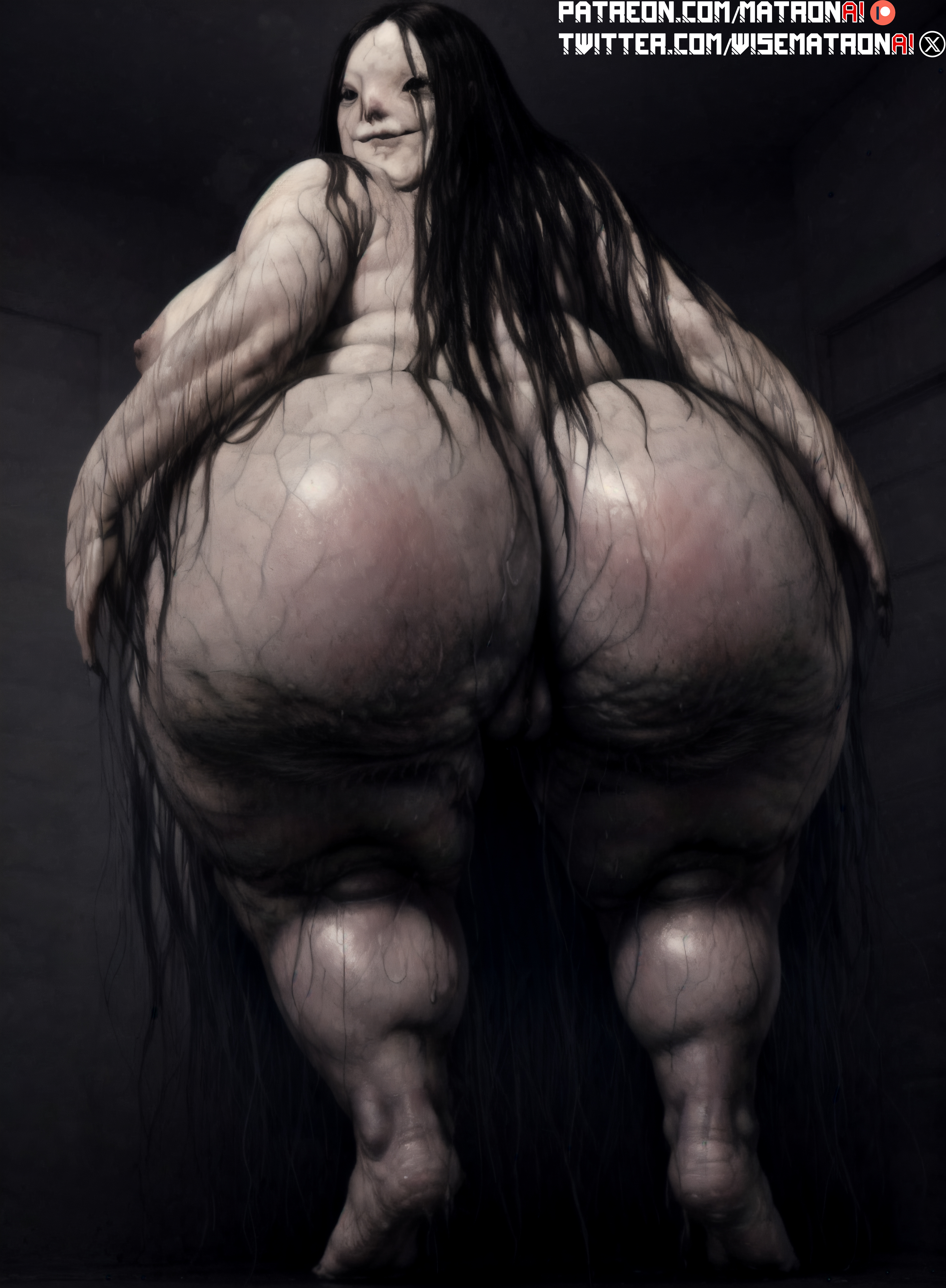 4k, ai generated, ass, bbw, big ass, big breasts, black eyes, black hair, breasts, female, female only, ghost, highres, horror, large ass, light skin, light-skinned female, looking back, matronai (artist), mature, mature female, nightmare fuel, nightmare waifu, obese, pale skin, pale-skinned female, patreon, patreon username, pinup, scary, scary stories to tell in the dark, solo, solo female, spirit, spooky, ssbbw, stable diffusion, the pale lady, thick thighs, twitter username