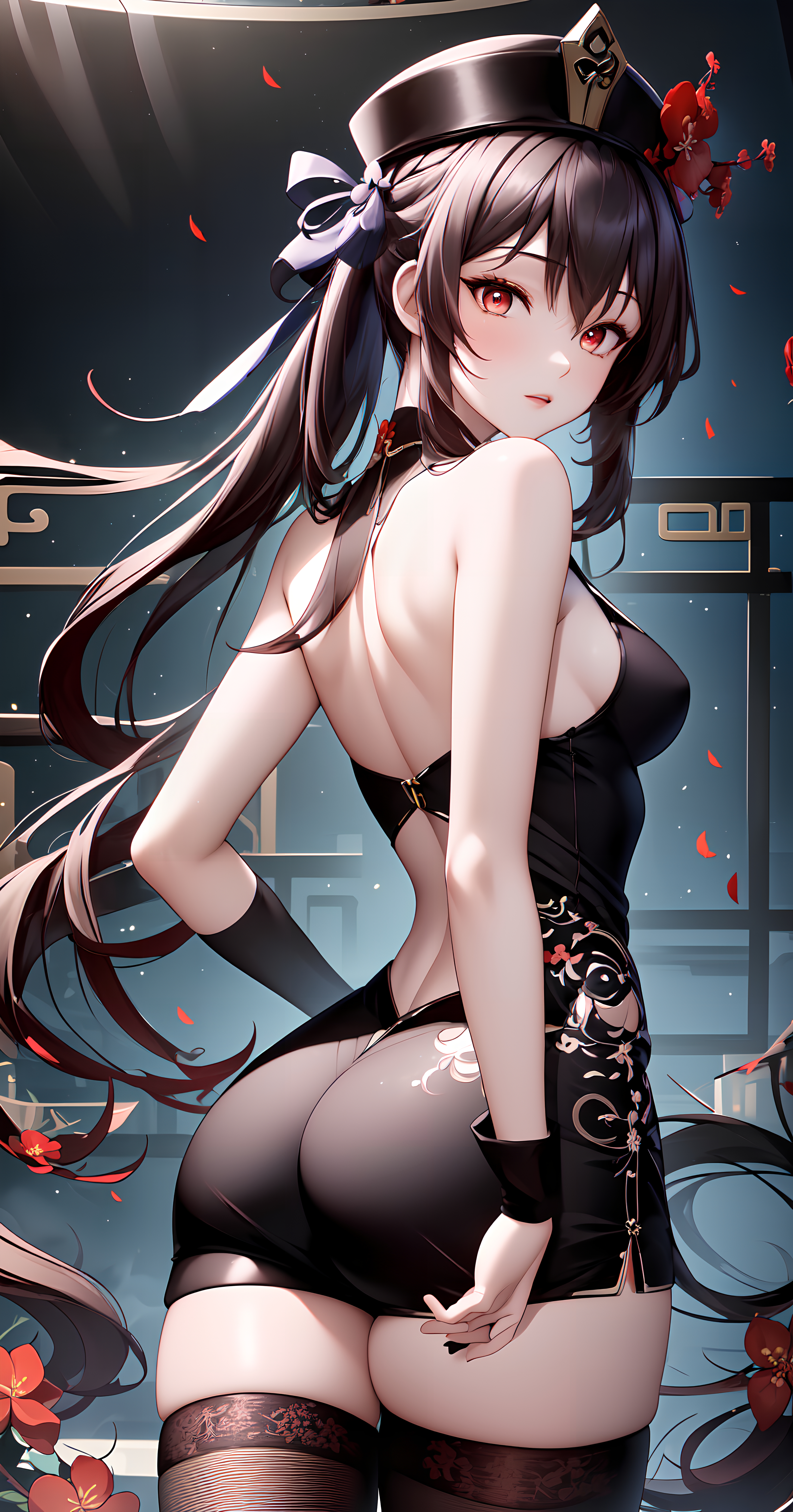 ai generated, alternate costume, ass, bare shoulders, black hair, blush, breasts, chinese clothes, dress, female, from behind, genshin impact, hat, hat ornament, hu tao (genshin impact), long hair, looking at viewer, looking back, medium breasts, red eyes, shiny, shiny clothes, shiny hair, shiny skin, short dress, sideboob, solo, thighhighs, twintails, very long hair