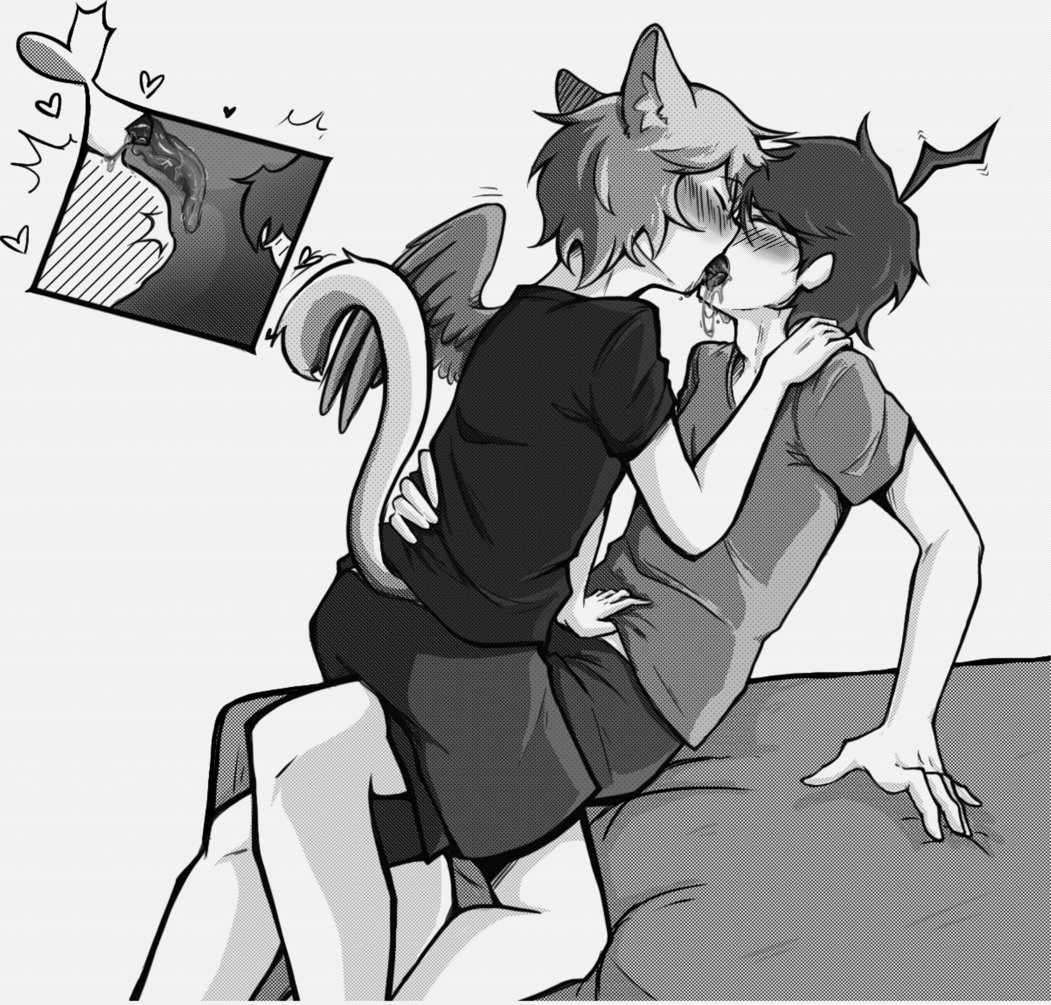 ahoge, cat boy, cat ears, cat tail, catboy, extreme french kiss, hand under shirt, jazzsexual, long tongue, male, male only, on bed, ond (jazzsexual), saliva, single wing, sitting on lap, throat bulge, x-ray, yaoi, zed (jazzsexual)