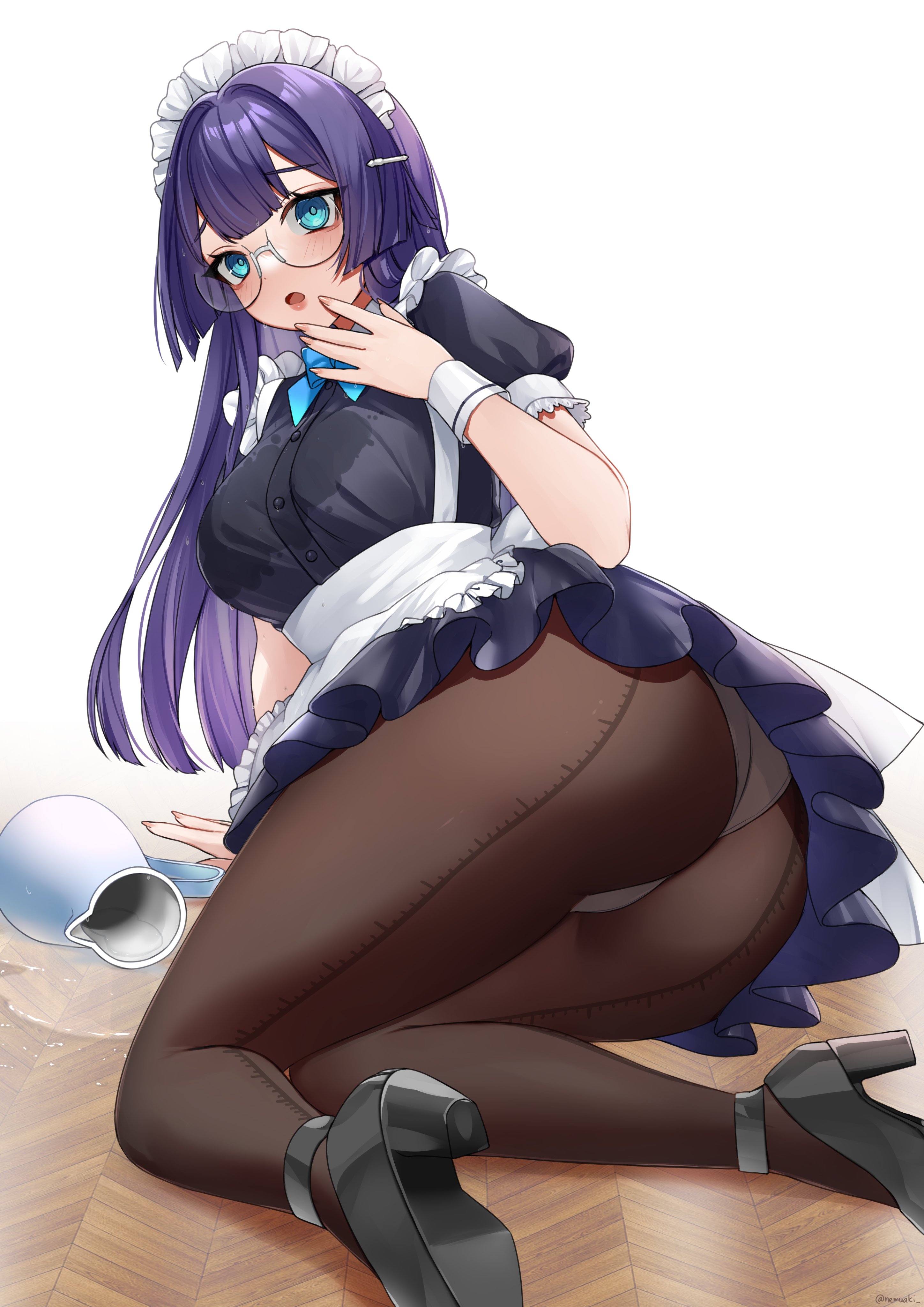 1girls, ass, ass focus, big ass, blue eyes, blue hair, female, glasses, gloves, honkai (series), honkai: star rail, large ass, looking back, maid, maid headdress, maid uniform, mihoyo, nemuaki, panties, panties under pantyhose, pantyhose, pela (honkai: star rail), solo, thick thighs, upskirt