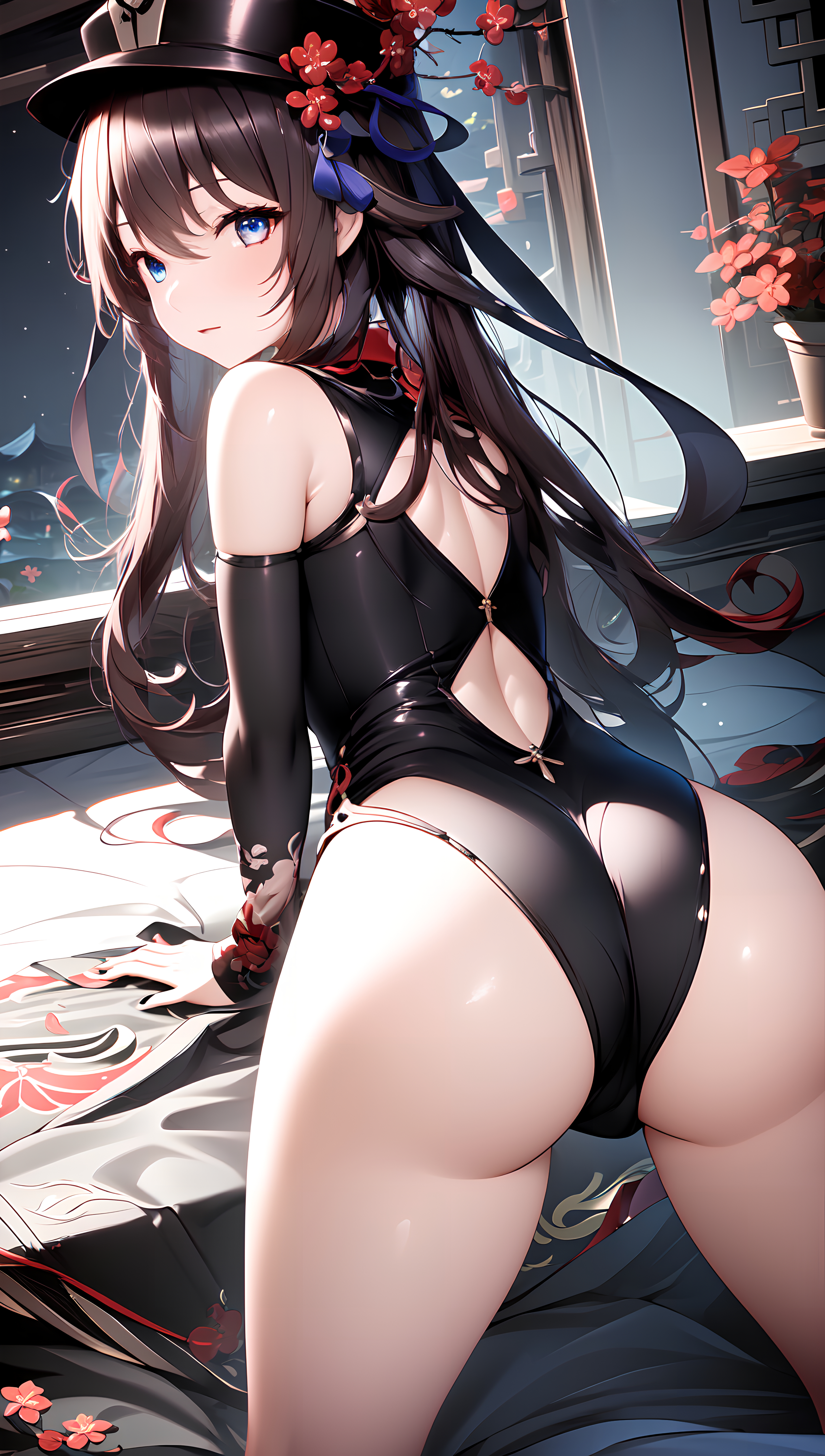 ai generated, alternate costume, alternate eye color, ass, bare shoulders, black hair, blush, breasts, female, from behind, genshin impact, hat, hat ornament, hu tao (genshin impact), huge ass, leaning, leaning forward, leotard, long hair, looking at viewer, looking back, medium breasts, purple eyes, shiny, shiny clothes, shiny hair, shiny skin, sideboob, solo, thighhighs, twintails, very long hair