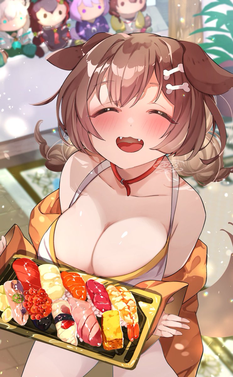 :3 blush cleavage closed_eyes cute cute_fang fangs female hololive hololive_gamers hololive_gen_1 hololive_japan huge_breasts inugami_korone kimono looking_up nekomata_okayu nyas0123 offering_to_viewer ookami_mio open_mouth plushie shirakami_fubuki smile sushi thighs virtual_youtuber wholesome