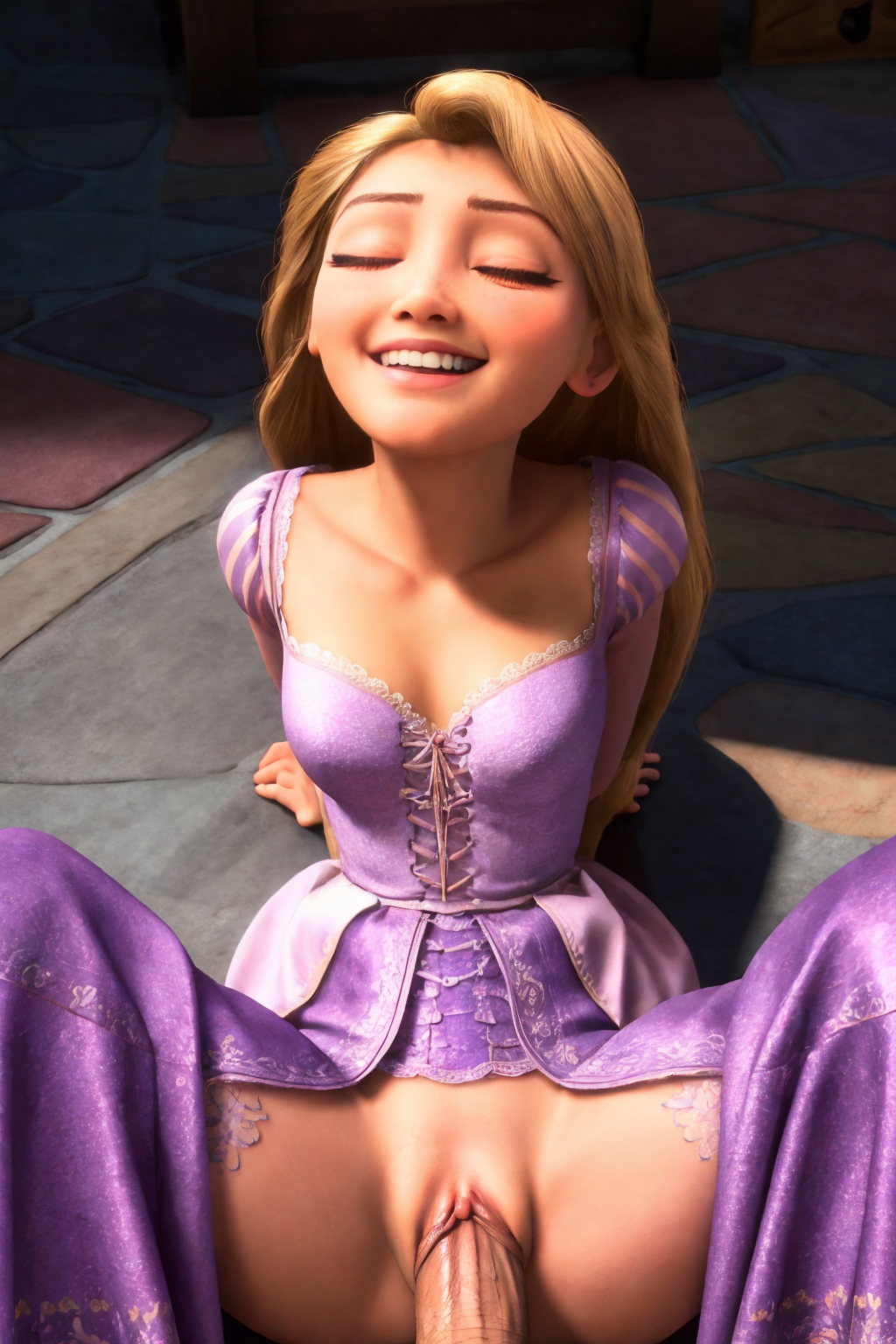 ai generated, clitoris, disney, disney princess, female, female focus, male, no panties, orgasm face, partial male, penis, pussy, rapunzel, tangled, vaginal penetration
