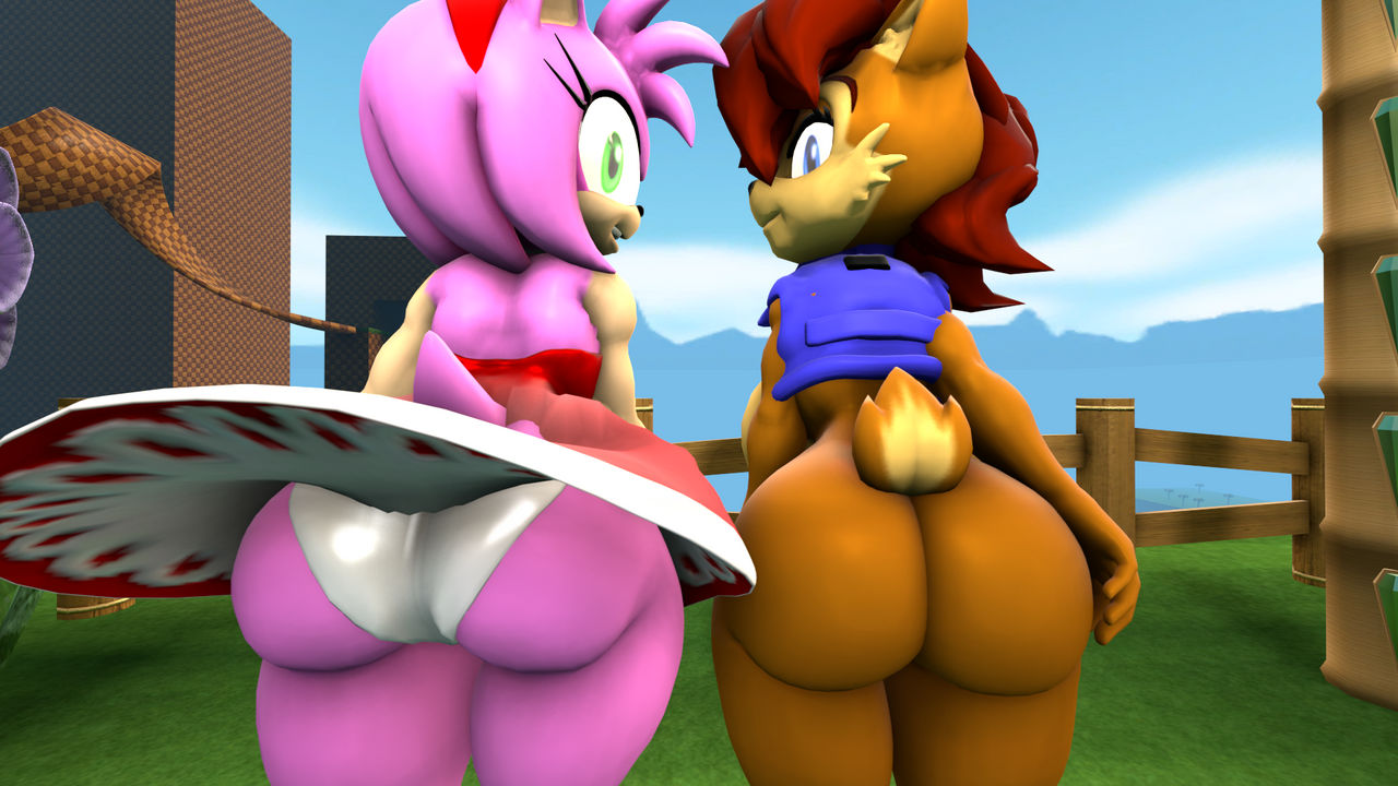 2girls 3d amy_rose anthro ass big_ass big_butt chipmunk cindablimp female female_only hedgehog looking_at_viewer looking_back mobian_(species) sally_acorn sega sonic_(series) sonic_the_hedgehog_(series) thick_thighs wide_hips