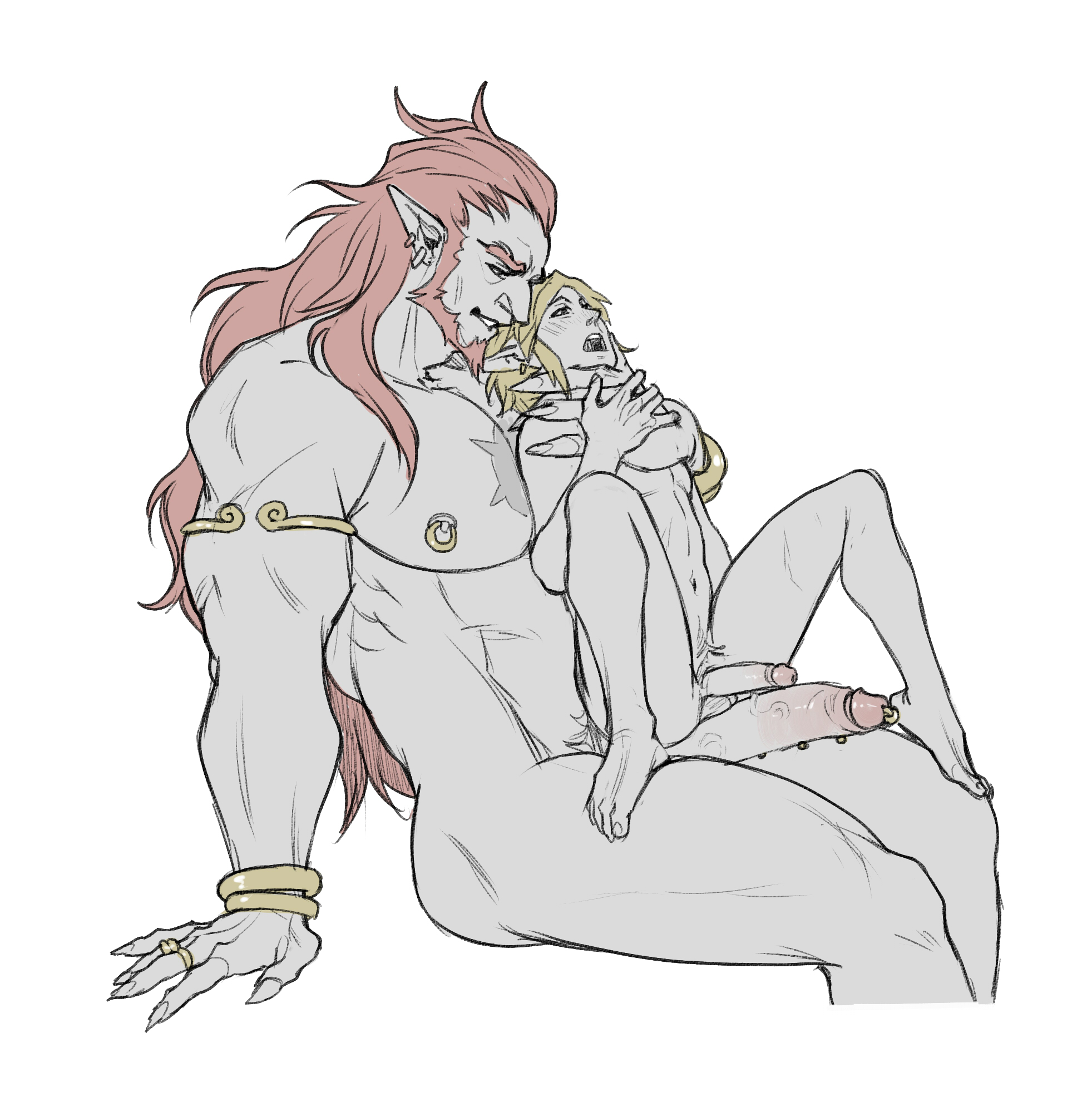 2boys, big penis, blonde hair, boner, breasts, ear piercing, earrings, erection, femboy, ganondorf, ganondorf (tears of the kingdom), gay, gerudo, gold (metal), height difference, hylian, imminent anal, imminent sex, interracial, jewelry, kaciart, link, link (tears of the kingdom), long hair, male, male only, male/male, monochrome, muscular, muscular male, naked, nipple piercing, nipples, nude, on lap, penis, penis piercing, penis size difference, piercing, pointy ears, red hair, sitting on lap, size difference, small breasts, tagme, tears of the kingdom, the legend of zelda, twink, yaoi