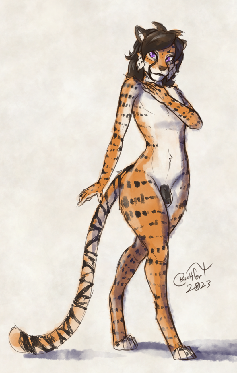 2023 anthro blokfort brown_hair cheetah felid feline fur genitals girly hair hi_res hybrid long_tail male mammal nude orange_body orange_fur pantherine penis purple_eyes realistic_penis_size standing tail tiger wide_hips