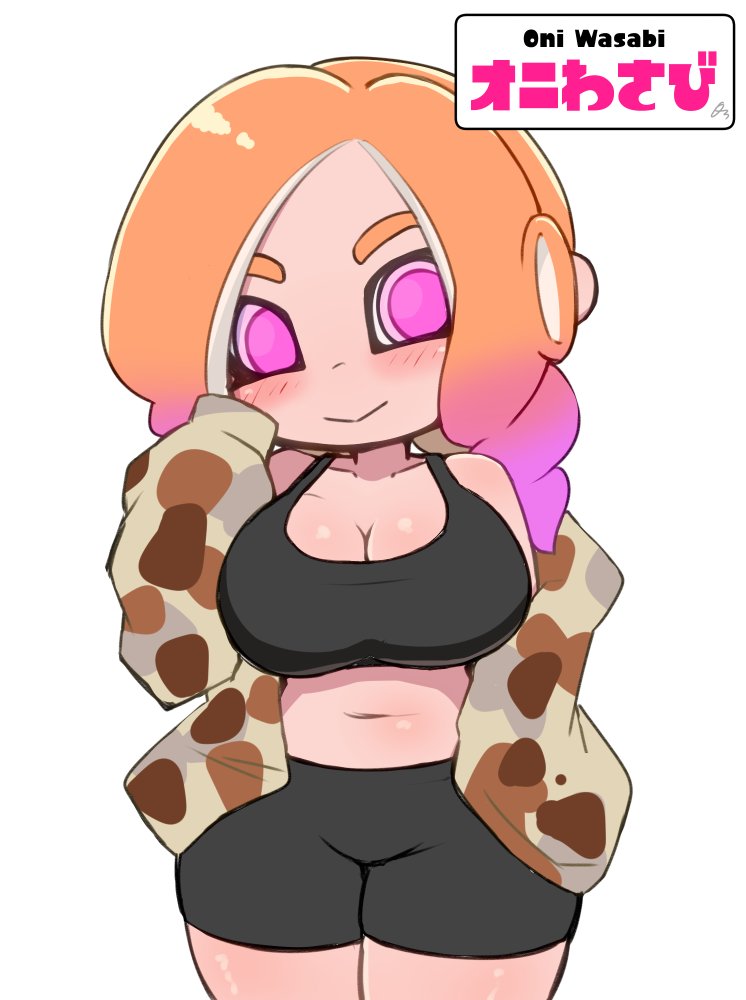 :> adorable bike_shorts blush female large_breasts makino_nono octoling octoling_girl oni_wasabi_(makino_nono) original_character plump solo spats splatoon sports_bra