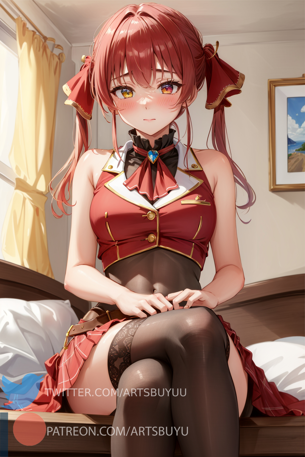 1girls, ai generated, bangs, bare shoulders, black legwear, black thighhighs, blush, breasts, closed mouth, covered navel, crossed legs, embarrassed, female, hair between eyes, hair ornament, hair ribbon, hi res, hololive, hololive fantasy, hololive japan, houshou marine, legwear, looking at viewer, marine, medium breasts, medium hair, multicolored ears, red eyes, red hair, see-through, see-through clothing, sidelocks, sitting, sleeveless, stable diffusion, thighhighs, uniform, virtual youtuber, yellow eyes