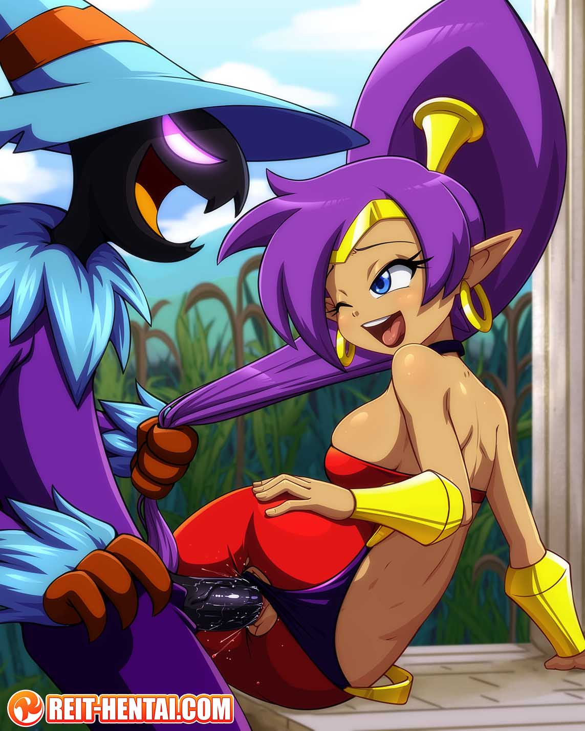 1boy 1girls ;d background big_breasts blue_eyes clothed clothed_sex female hair_pull male open_mouth ponytail purple_hair reit scarecrow sex sex_from_behind shantae shantae:_half-genie_hero shantae_(character) tagme thong thong_aside torn_clothes vaginal_penetration watermark wink