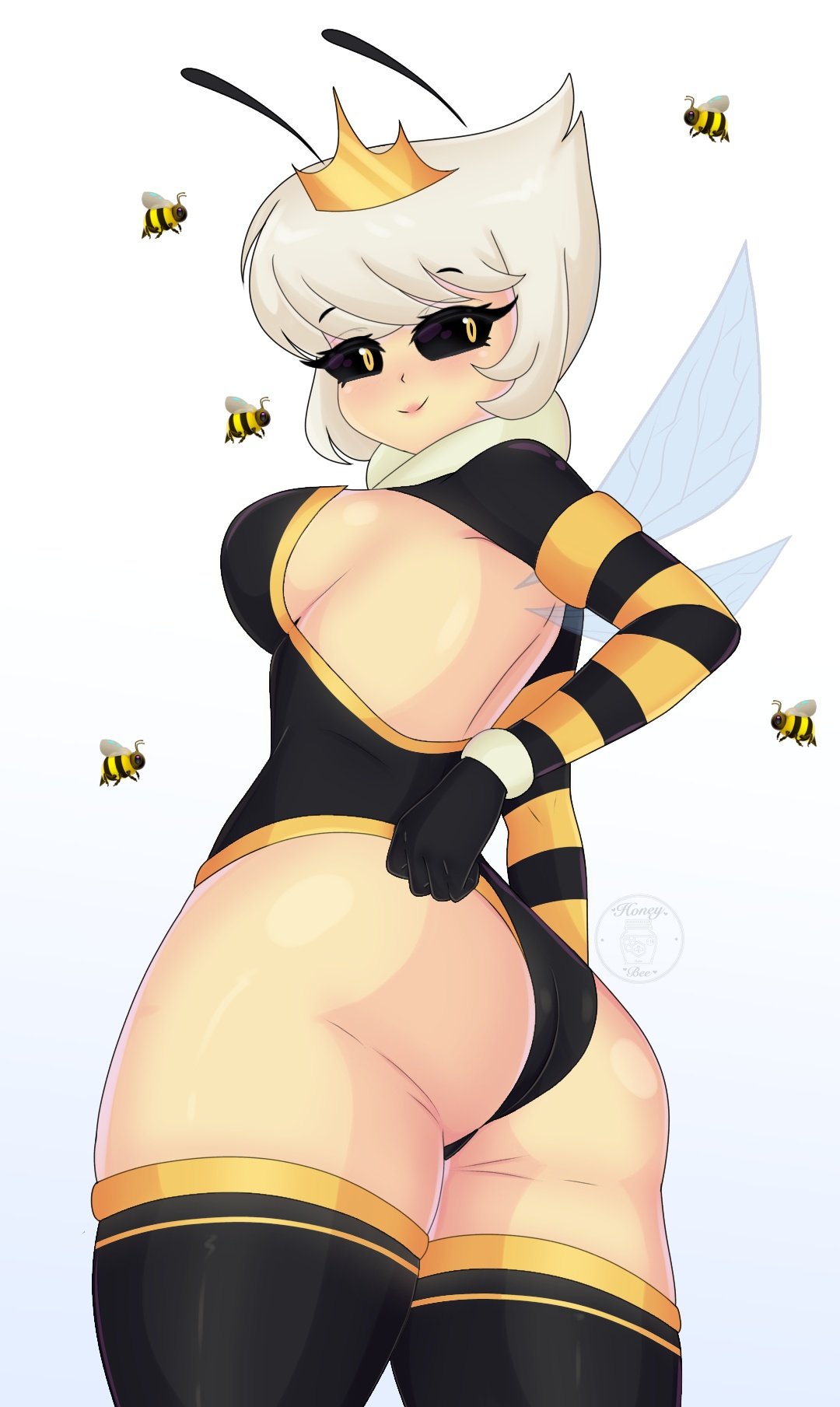 antennae ass_focus backview bee bee_girl big_ass black_eyes black_legwear crown female honeybee_0u0 looking_at_viewer looking_down queen queen_bee thighhighs white_background white_hair wings