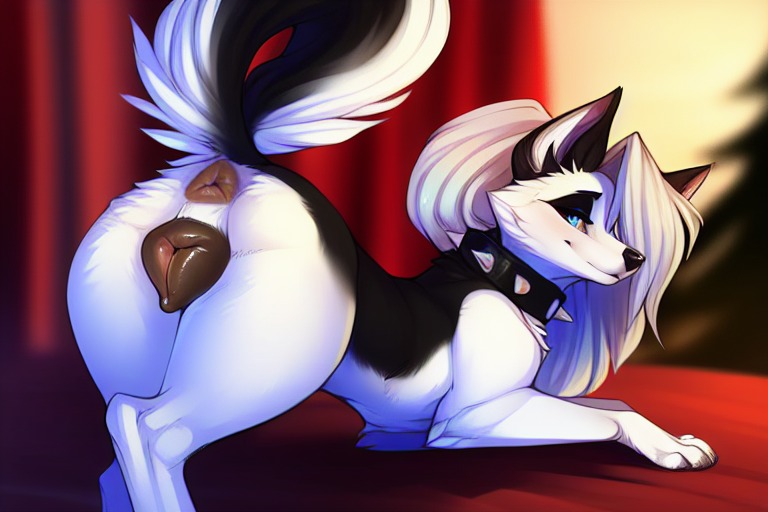 ai generated, animal genitalia, animal pussy, anus, canid, canine, canine pussy, canis, collar, female, female feral, female only, feral, helluva boss, looking at viewer, loona (helluva boss), mammal, presenting, pussy, smile, solo, spiked collar, wolf