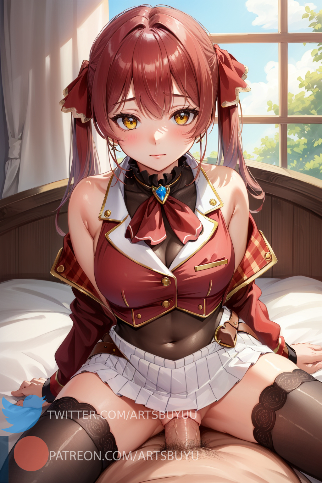 1boy, 1girls, ai generated, bangs, bare shoulders, black legwear, black thighhighs, blush, breasts, closed mouth, covered navel, cowgirl position, embarrassed, female, hair between eyes, hair ornament, hair ribbon, hi res, hololive, hololive fantasy, hololive japan, houshou marine, legwear, looking at viewer, male, marine, medium breasts, medium hair, penis, pussy, red hair, riding, riding penis, see-through, see-through clothing, sex, sidelocks, stable diffusion, straight, thighhighs, uncensored, uniform, vaginal penetration, virtual youtuber, yellow eyes