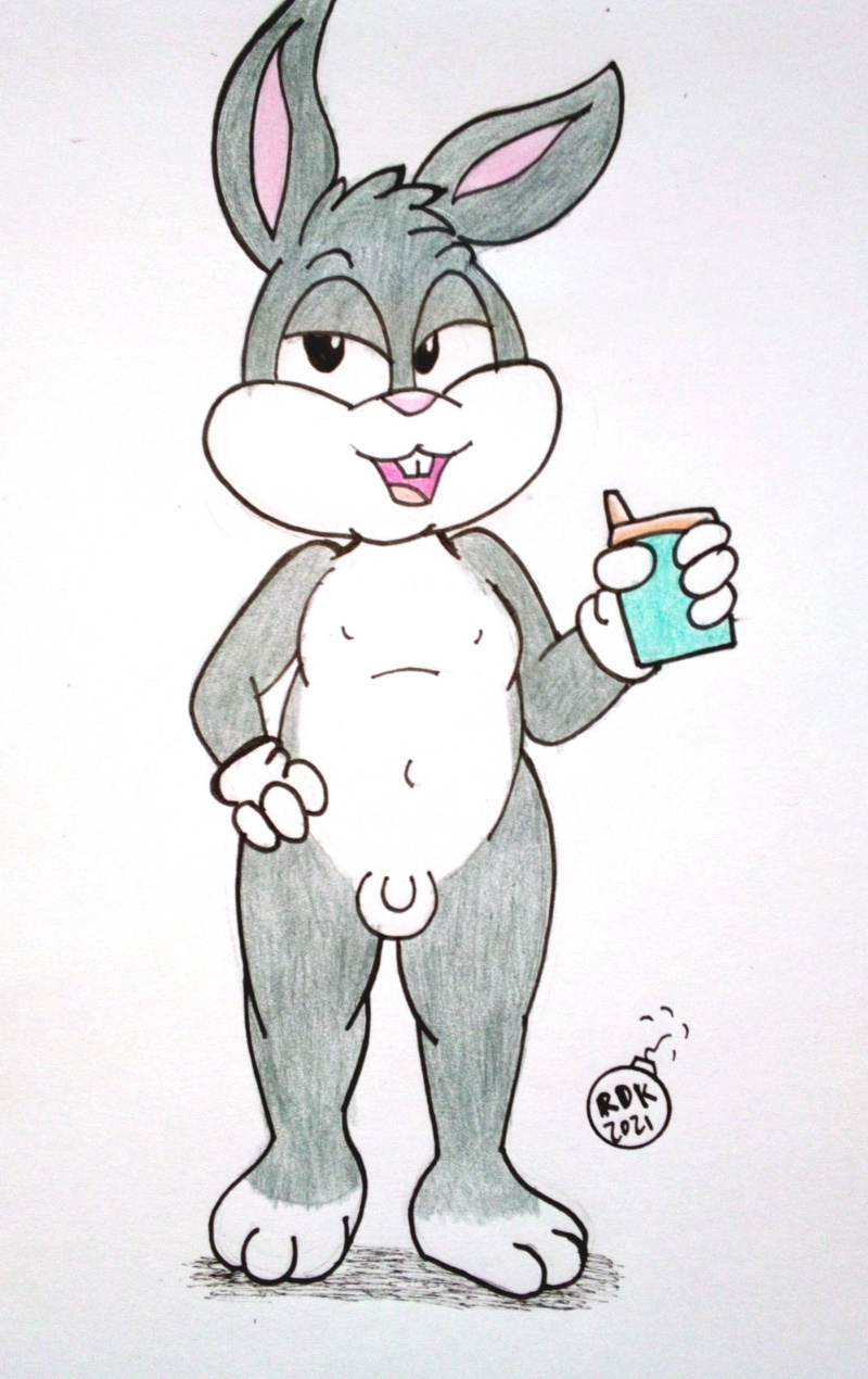 anthro baby_looney_tunes balls biped buckteeth bugs_bunny container cup genitals hi_res lagomorph leporid looney_tunes male mammal nude penis pink_nose rabbit reddragonkan solo solo_male teeth traditional_media_(artwork) warner_brothers young