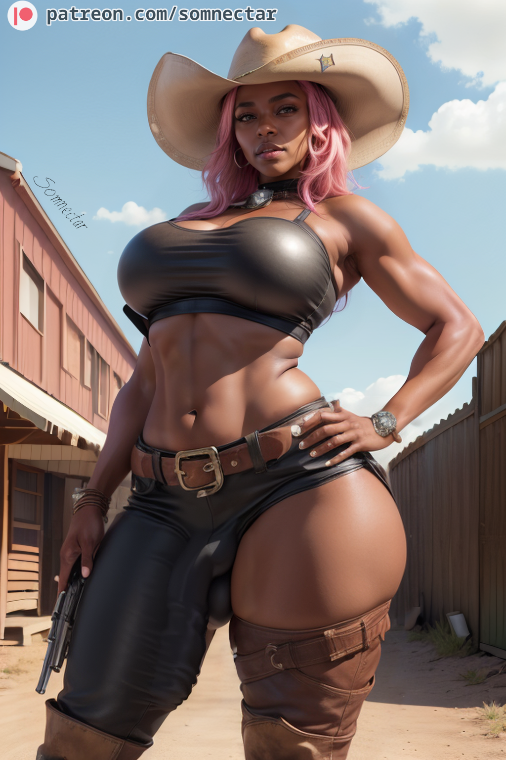 1futa abs ai_generated ball_bulge balls balls_under_clothes bulge cameltail clothed cowboy_hat cowgirl curvy dark-skinned_futanari dark_skin dickgirl flaccid flaccid_penis futa_only futanari hand_on_hip hoop_earrings huge_cock intersex large_breasts leather leather_belt leather_clothing leather_pants midriff muscular_futanari pants_bulge penis penis_bulge penis_under_clothes pink_hair sfw sheriff solo somnectar testicles thick toned toned_futa