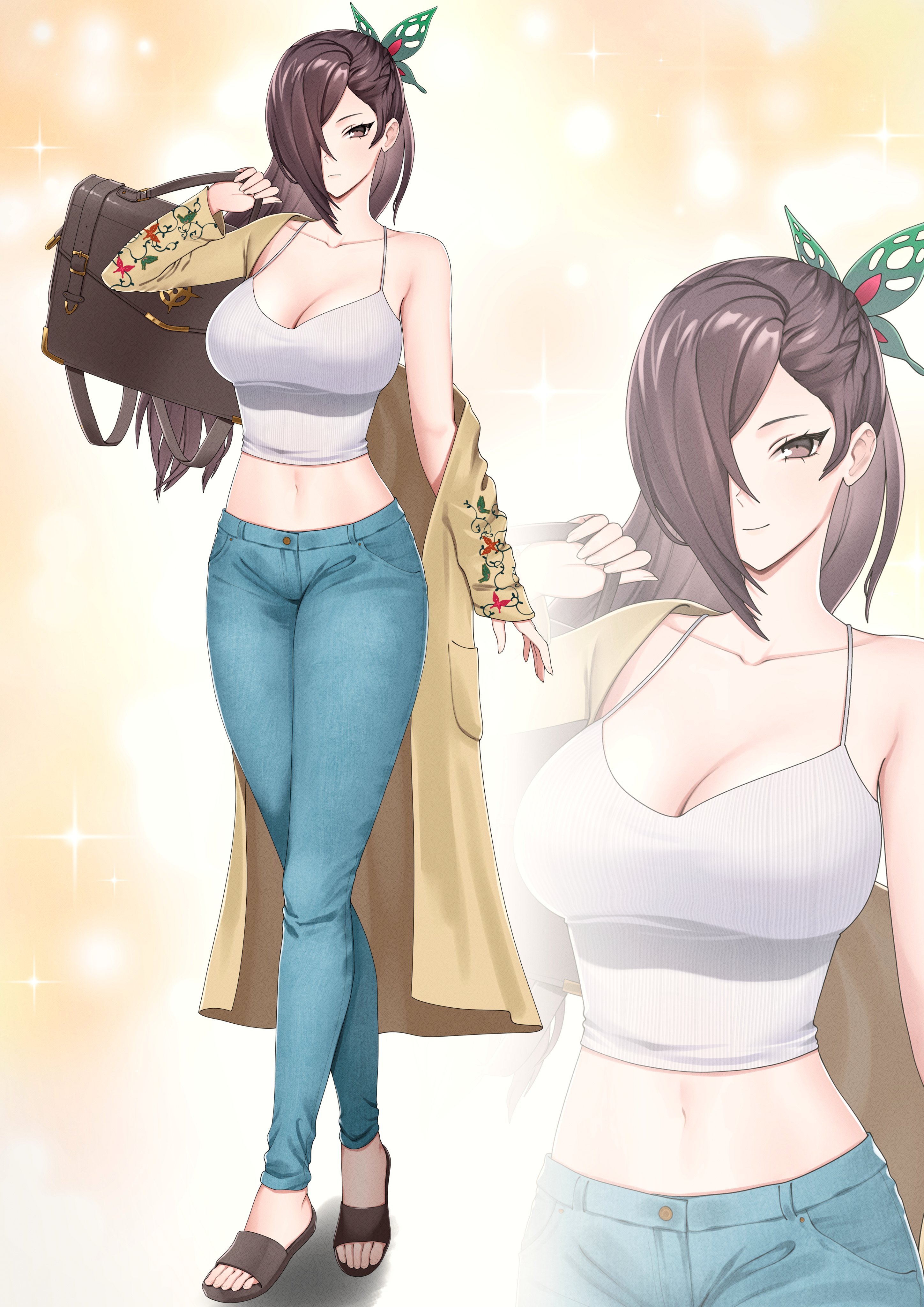 1girls, absurdres, alternate costume, breasts, brown eyes, brown hair, butterfly hair ornament, camisole, commentary, crop top, denim, feet, female, female only, fire emblem, fire emblem fates, fire emblem heroes, flip-flops, hair ornament, highres, jeans, kagero (fire emblem), large breasts, legs, long hair, looking at viewer, mari48240422, midriff, multiple views, navel, nintendo, off shoulder, pants, sandals, single bare shoulder, smile, spaghetti strap, standing, stomach, thighs, toenails, toes, very long hair