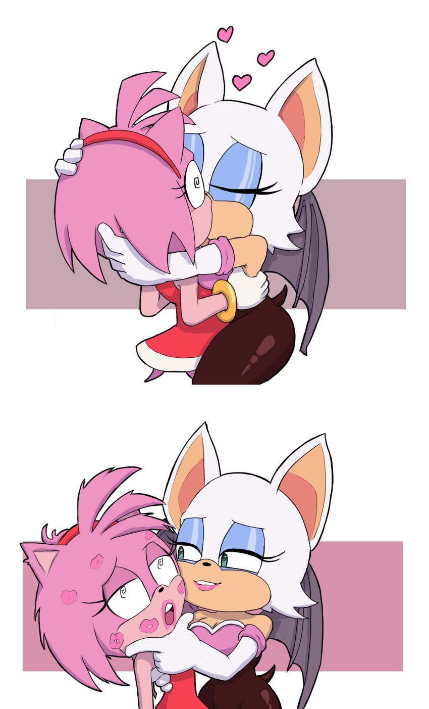 amy rose, anthro, anthro on anthro, biting lip, female, furry, gloves, grabbing head, heart, kiss mark, kissing, pink lipstick, rouge the bat, sega, sonic (series), sonic the hedgehog (series), tail, yuri