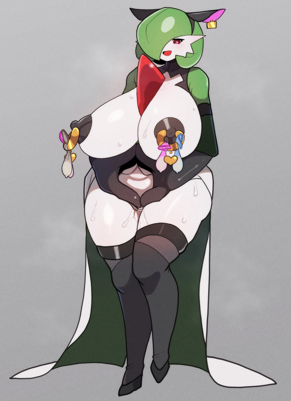 cape condom game_freak gardevoir green_hair huge_breasts long_breasts nintendo nipple_pasties pokémon_(species) pokemon pokemon_(species) pokemon_rse red_hair short_hair thick_thighs thighhighs thighs uenoshita_sayuu voluptuous voyeur white_skin