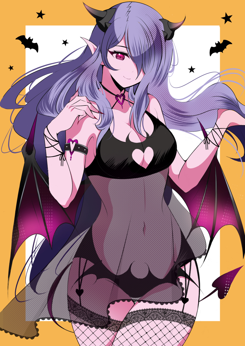 1girls alternate_costume bat_(animal) black_panties breasts camilla_(fire_emblem) cleavage cleavage_cutout clothing_cutout covered_navel cowboy_shot demon_girl demon_horns demon_tail fe135700 female female female_only fingernails fire_emblem fire_emblem_fates fishnet_thighhighs fishnets hair_over_one_eye halloween halloween_costume highres horns long_hair looking_at_viewer nintendo panties pointy_ears purple_eyes purple_hair sharp_fingernails smile solo succubus tail thighhighs underwear