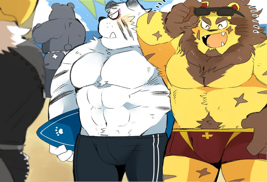 4boys animal_crossing apollo_(animal_crossing) beach bear bulge eagle elvis_(animal_crossing) hairy hairy_chest hairy_male hyaku_(artist) lion male_only nintendo no_visible_genitalia rolf_(animal_crossing) sea_eagle sunglasses_on_head swimming_trunks swimwear tiger underwear