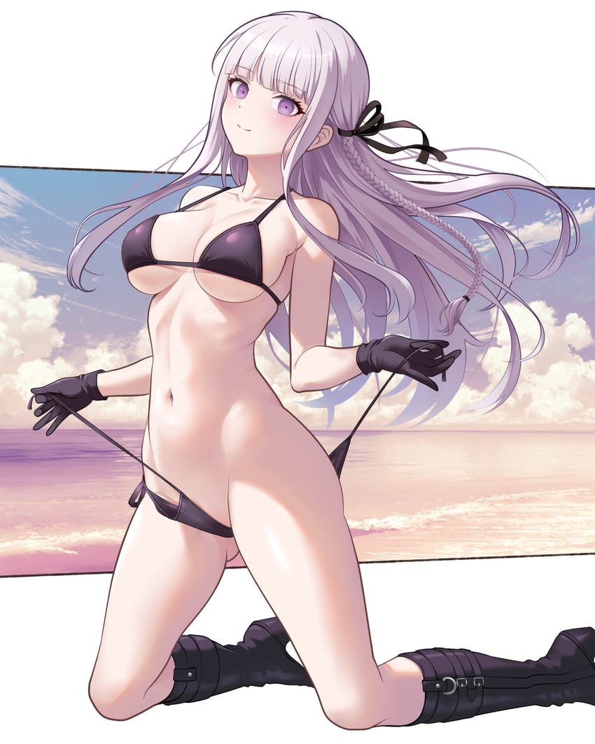 1girls big_breasts bikini black_bikini black_gloves black_ribbon blunt_bangs boots braid breasts busty collarbone danganronpa gloves hair_ribbon hourglass_figure huge_breasts kirigiri_kyouko kneeling large_breasts leather leather_boots looking_at_viewer nanikairu navel no_socks outdoors pasya-pasya ribbon shiny_skin side_braid single_braid smile solo swimsuit thighs undressing untied_bikini untied_bikini_bottom voluptuous voluptuous_female