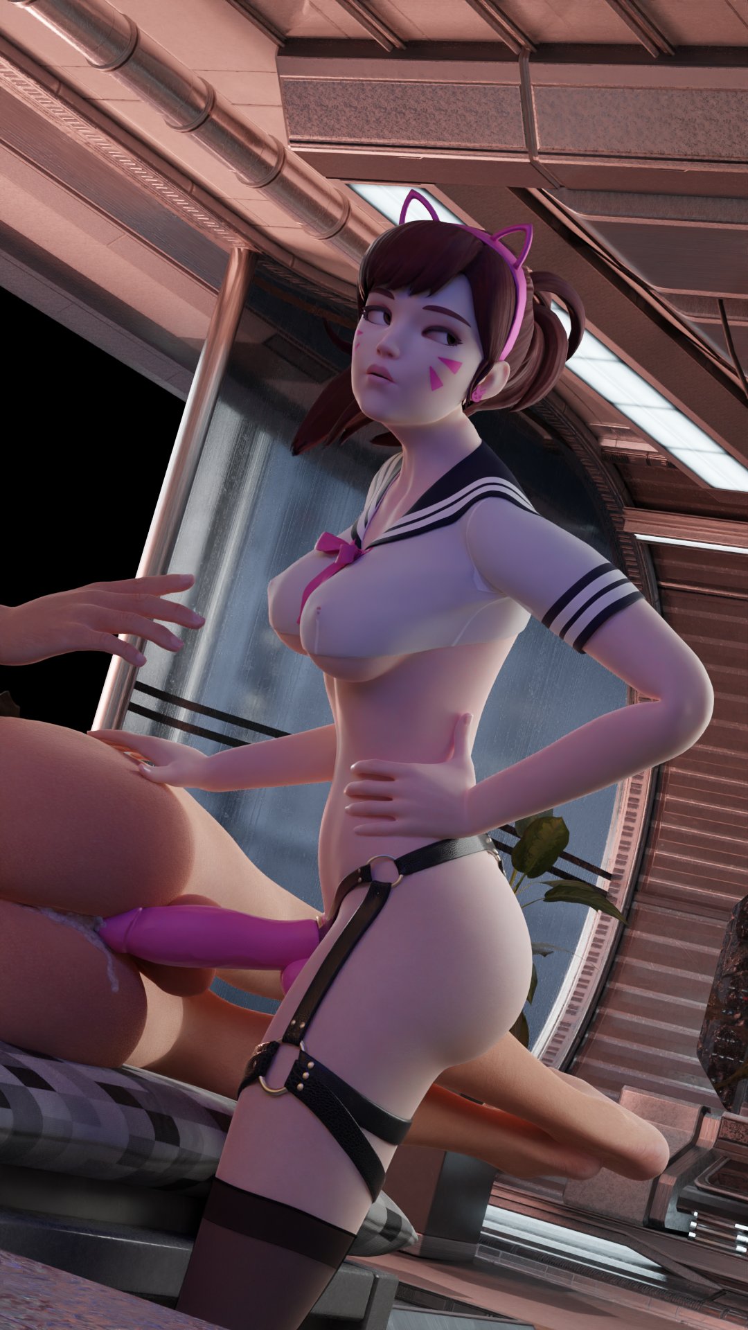 1boy1girl 3d anal anal_sex d.va duo duo_focus female hair_over_eyes overwatch pegging schoolgirl schoolgirl_d.va schoolgirl_uniform sex sex_toy spoon_position strap-on typiconart