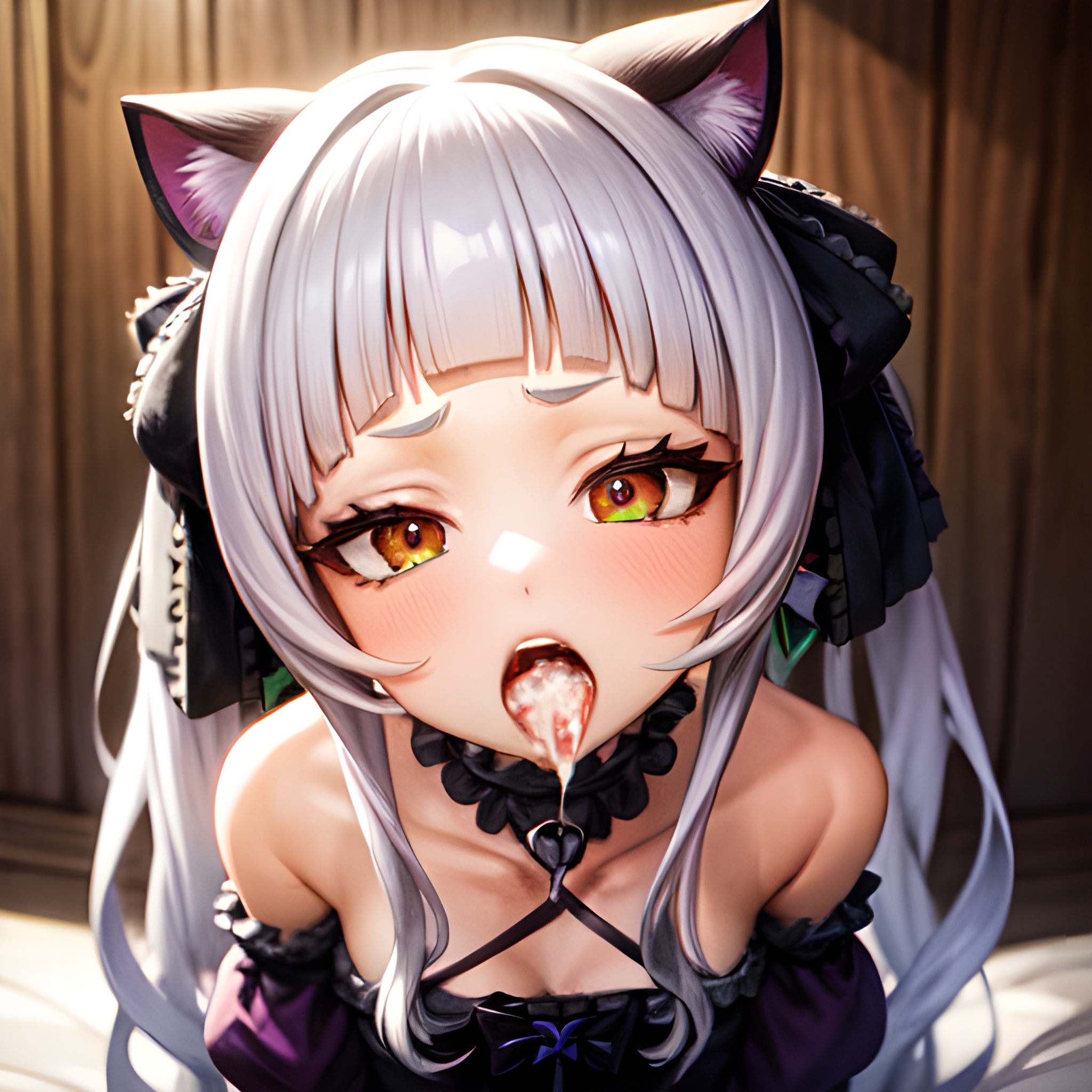 1girls, ai generated, cat ears, cat girl, catgirl, cum, cum inside mouth, female, hi res, hololive, hololive gen 2, hololive japan, murasaki shion, open mouth, stable diffusion, virtual youtuber, white hair