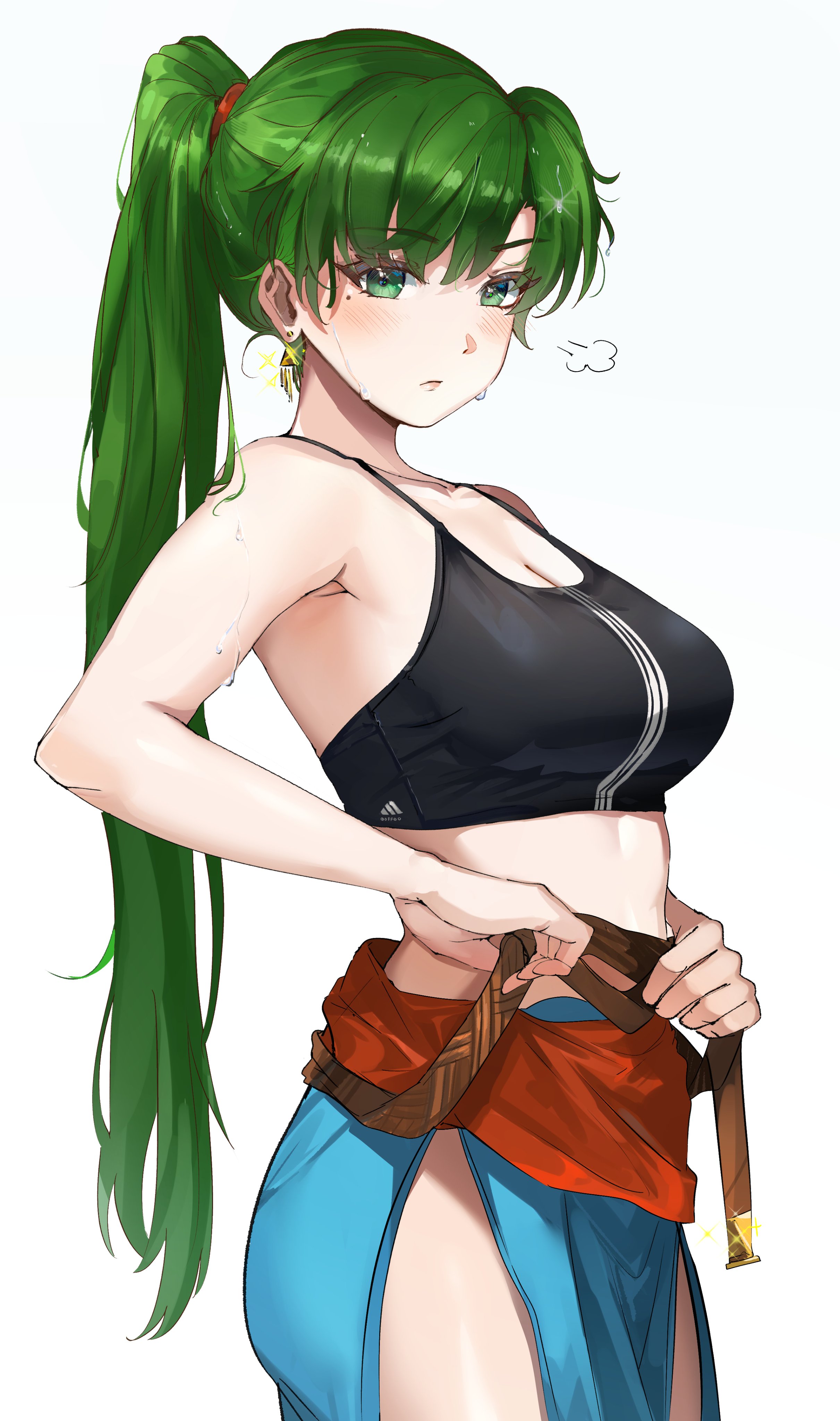 1girls, absurdres, adapted costume, black sports bra, breasts, cosplay, earrings, female, female only, fire emblem, fire emblem: the blazing blade, green eyes, green hair, highres, jewelry, long hair, looking at viewer, lyn (fire emblem), lyn (fire emblem) (cosplay), medium support (meme), meme, miru (ormille), mole, mole under eye, nintendo, ormille, ponytail, solo, sports bra, triple vertical stripe, undressing