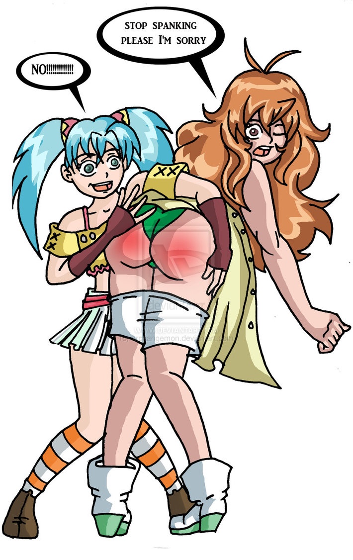 2girls alice_gehabich ass ass_focus assisted_exposure bakugan bakugan_battle_brawlers blue_hair butt deviantart deviantart_username deviantart_watermark exposed multiple_girls runo_misaki_(bakugan) skirt spank spanking ugly watermark