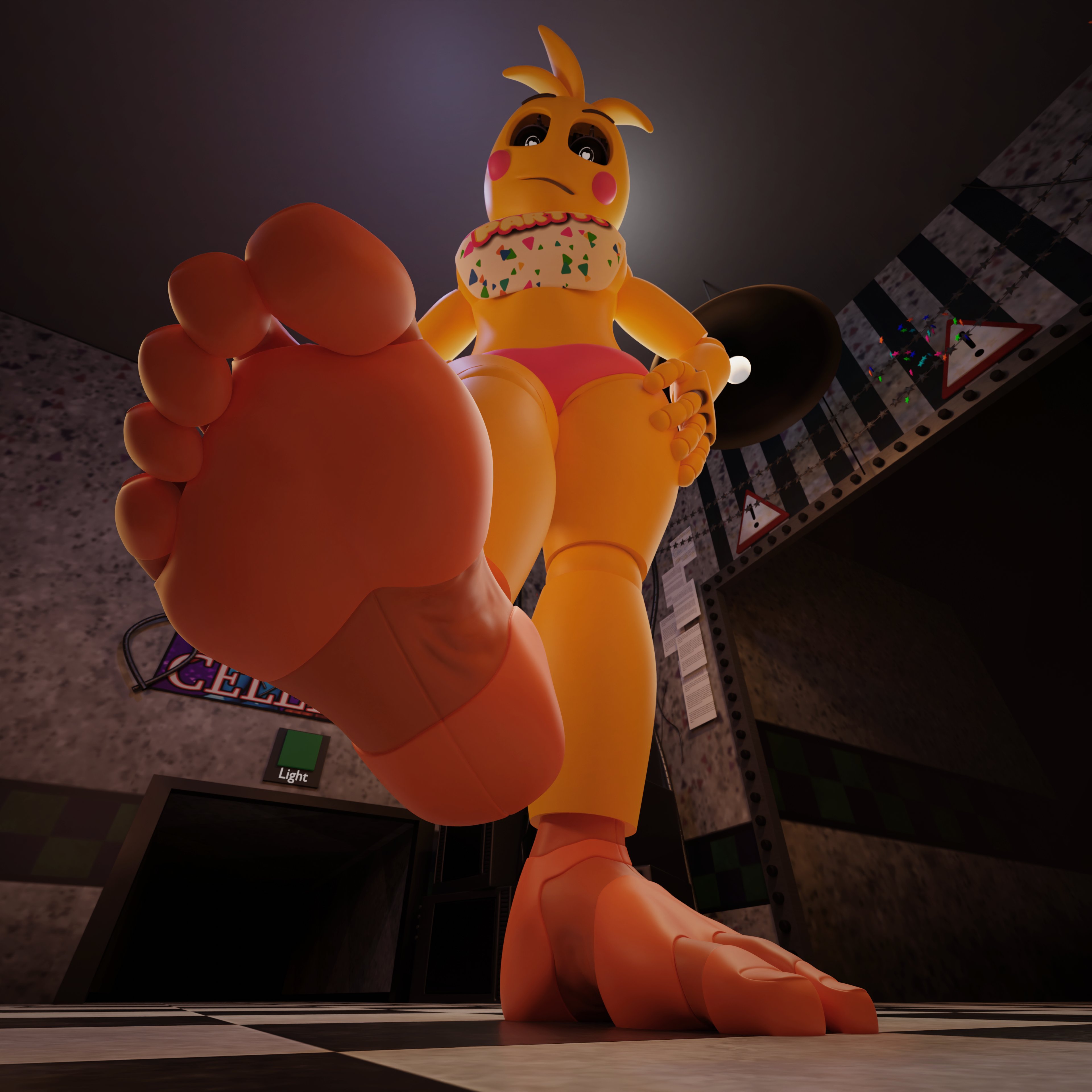 3d, 3d (artwork), animatronic, barefoot, bib, ceiling light, feet, female, five nights at freddy's, five nights at freddy's 2, foot fetish, foot focus, foot worship, looking down, rellth, robot, robot girl, scottgames, soles, tagme, toes, toy chica (fnaf), toy chica (love taste)