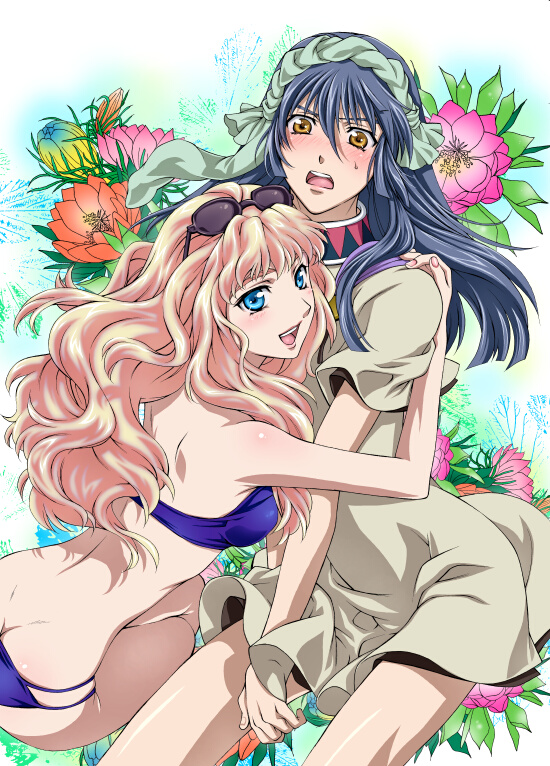 1boy 1boy1girl 1girls 2girls ass ass_cleavage bikini blonde_hair blue_hair butt_crack clothing cosplay crossdressing dress flower iyou long_hair macross macross_frontier mizugi mizuno_poppo mtf_crossgender parody saotome_alto sara_nome_(cosplay) shaman sheryl_nome swimsuit yellow_eyes