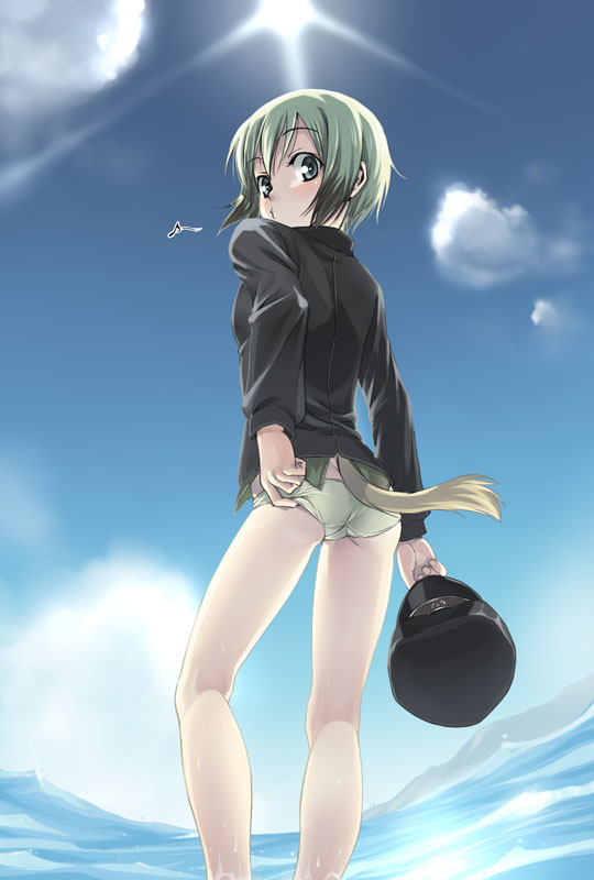 as-special ass blonde_hair blue_eyes blush clothing erica_hartmann looking_back multicolored_hair panties satou_atsuki strike_witches tail two_tone_hair underwear water whistling