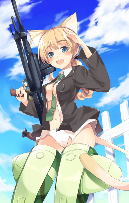 animal_ears between_breasts blonde_hair blush cat_ears clothing gun lynette_bishop medium_breasts necktie necktie_between_breasts open_clothes open_shirt panties shirt sou strike_witches tail underwear